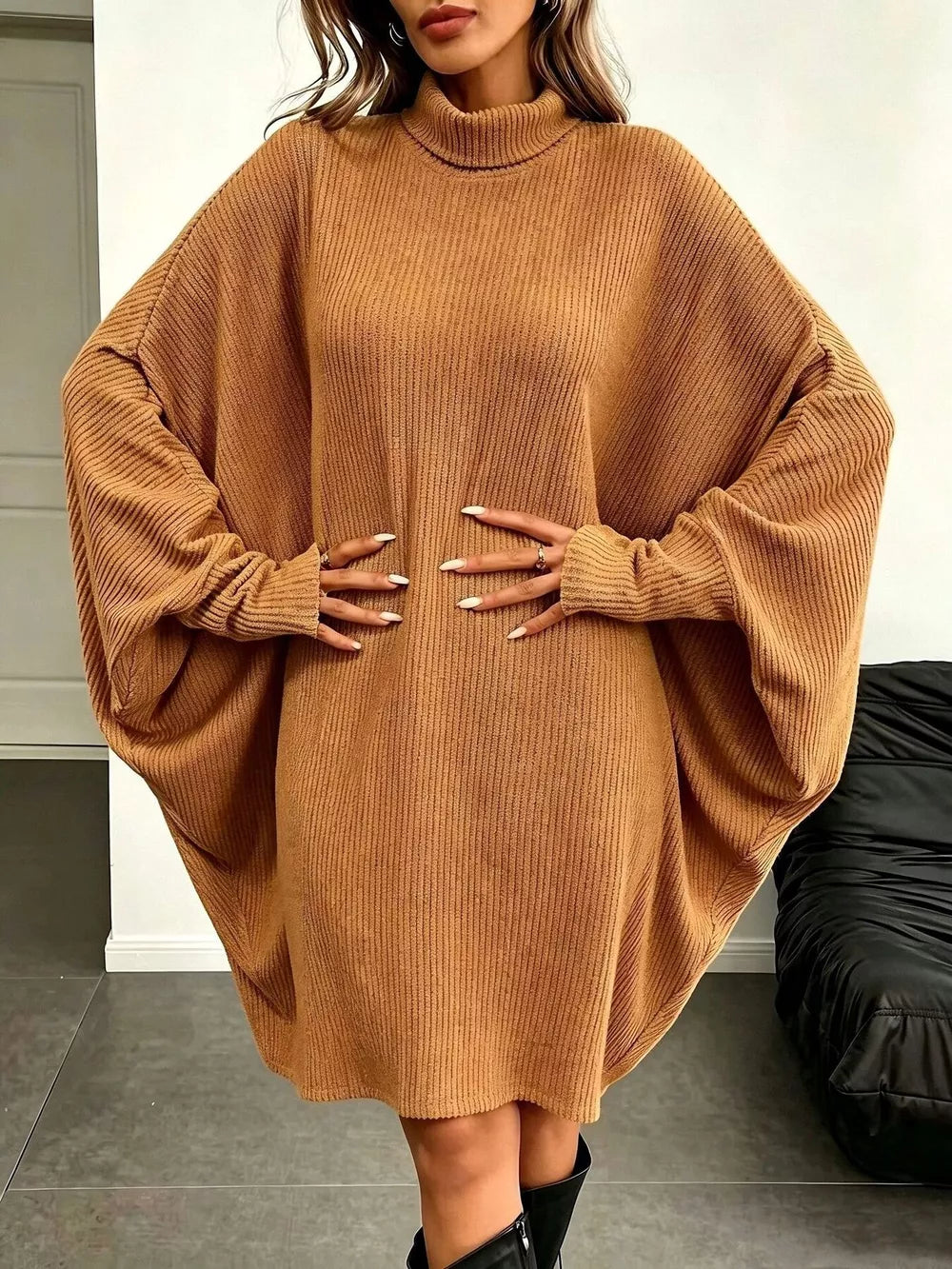 Oversized Batwing Sleeve Ribbed Knit Turtleneck Dress - Yellow