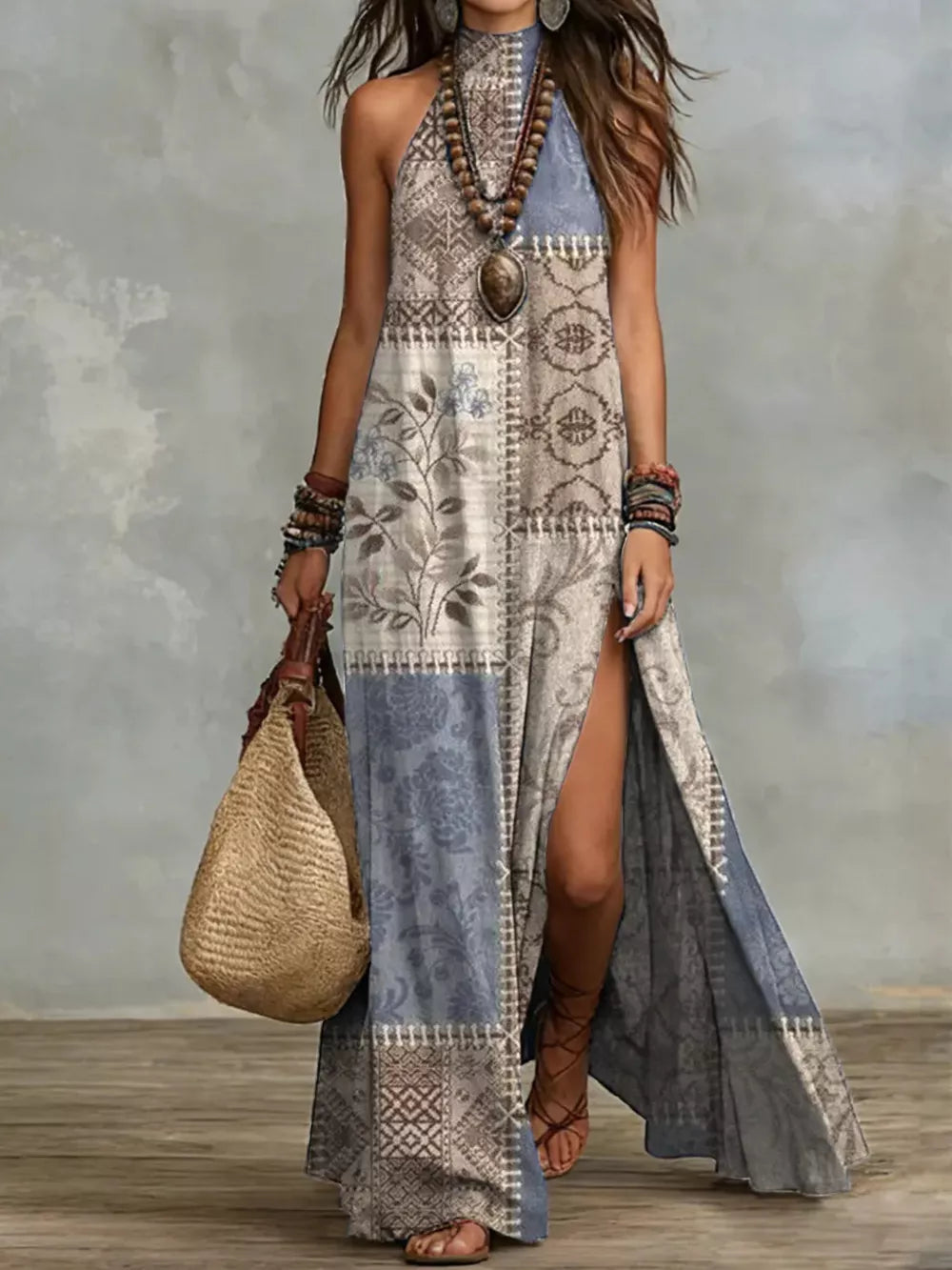 Slit Printed Sleeveless Maxi Dress - Dusty Blue