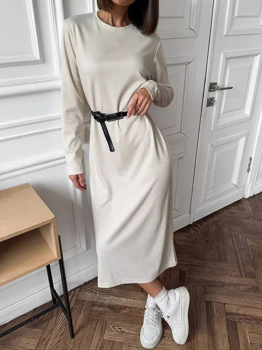 Round Neck Long-Sleeve Midi Dress - Beige