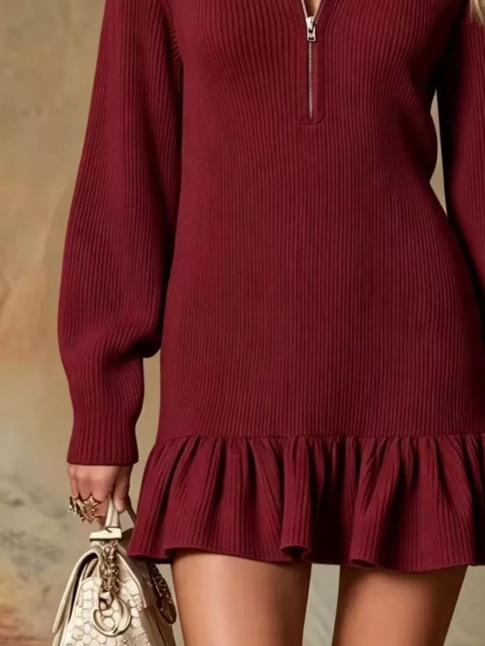 Ruffle Hem Half Zip Dress - Dark Brown