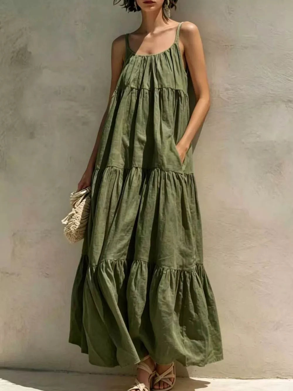 Tiered Scoop Neck Maxi Dress - Light Blue