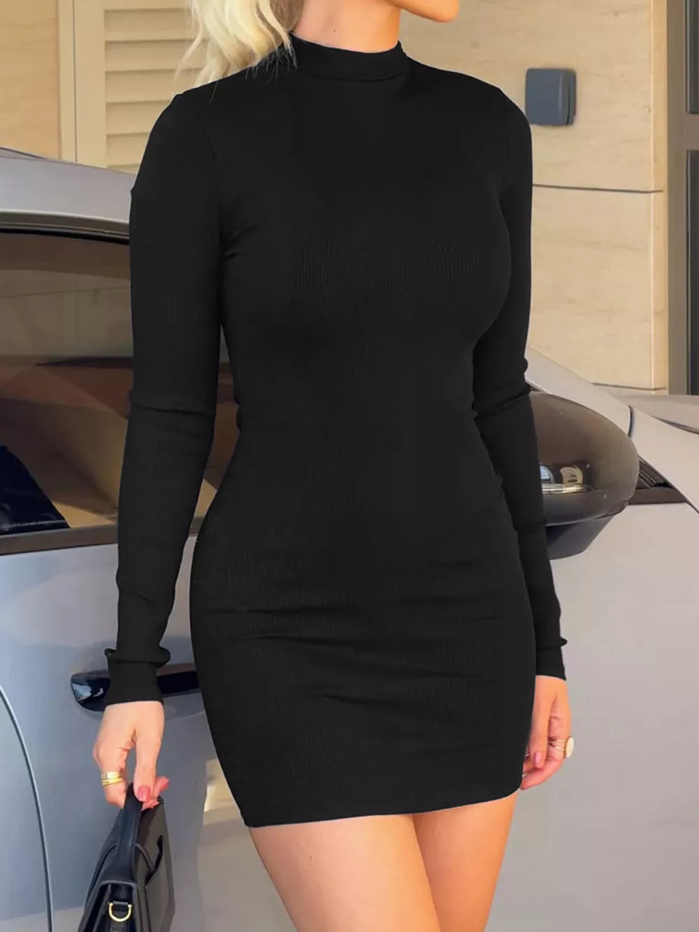Mock Neck Ribbed Bodycon Knit Dress - Black