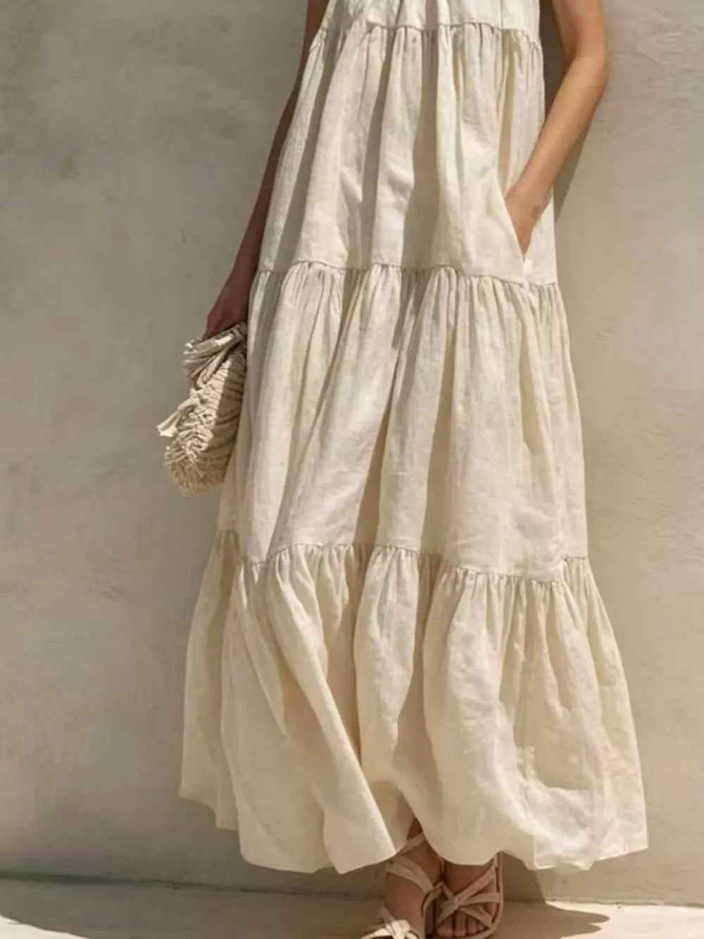 Tiered Scoop Neck Maxi Dress - Beige