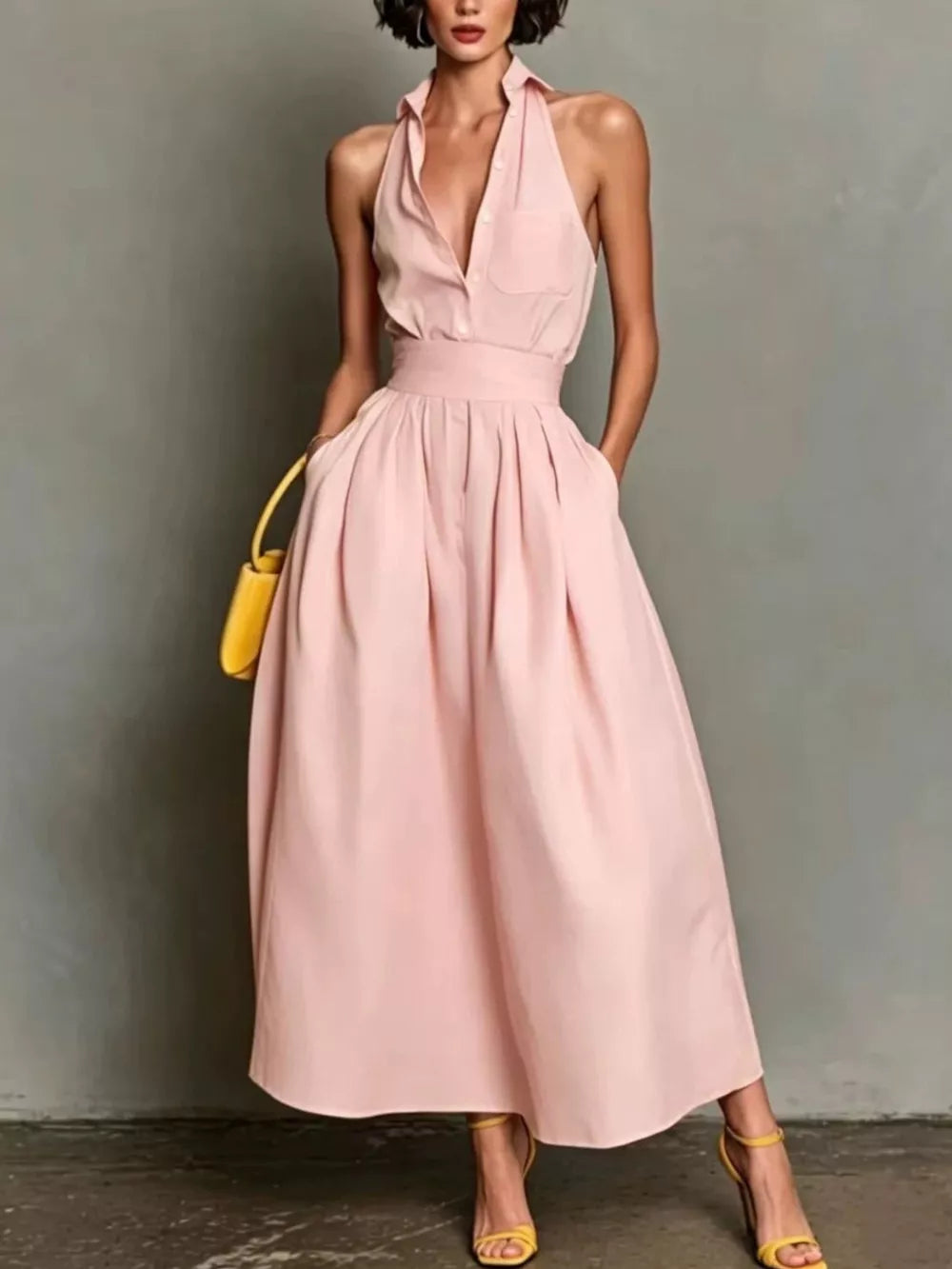 Sleeveless Collared A-Line Midi Dress - Dusty Pink
