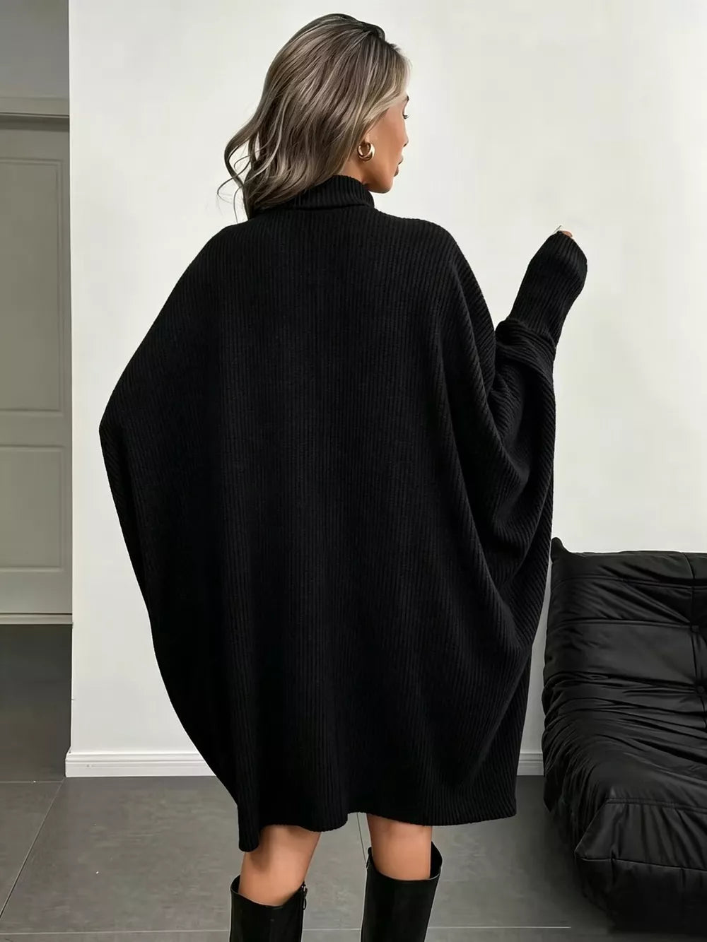 Oversized Batwing Sleeve Ribbed Knit Turtleneck Dress - Black
