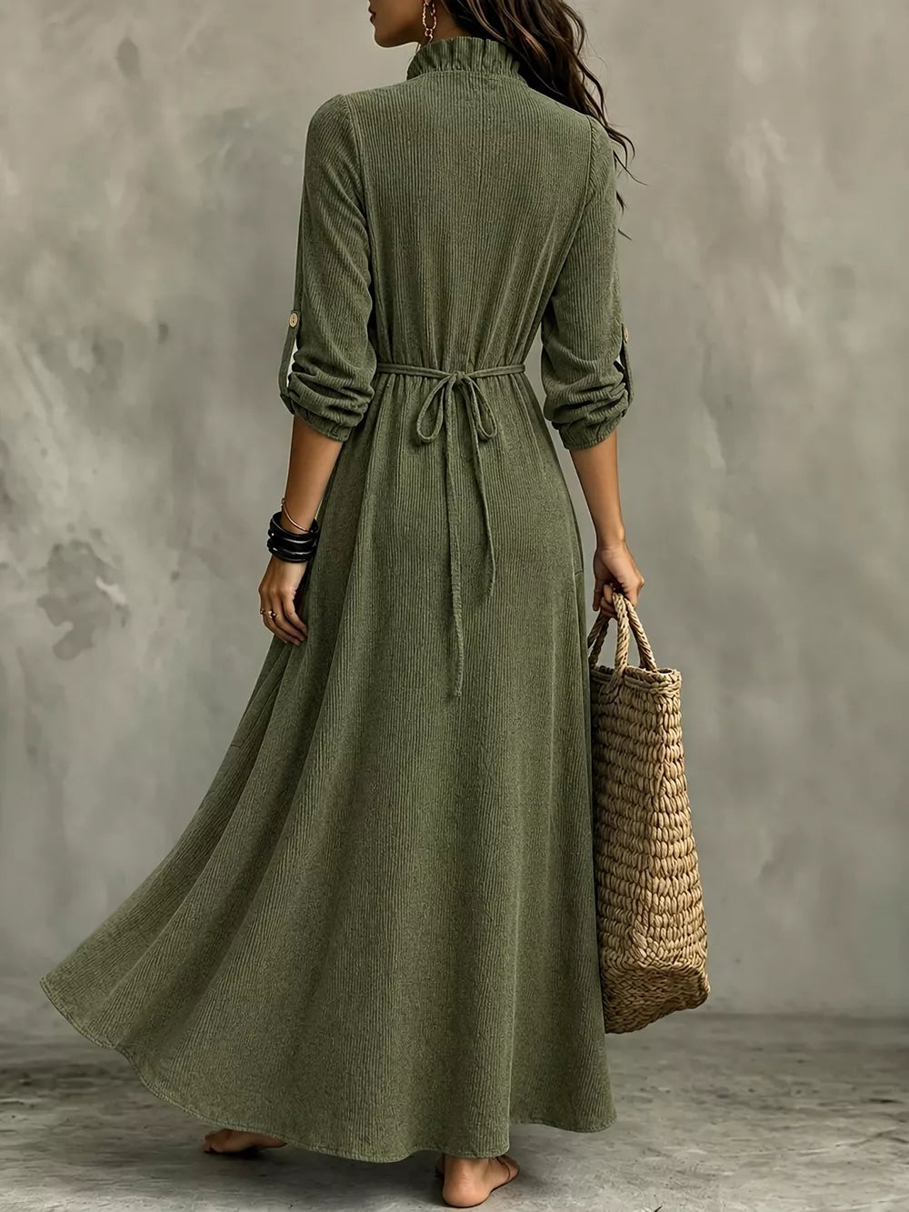 Full Size V-Neck Maxi Dress with Roll-Up Sleeves Plus Size - Green