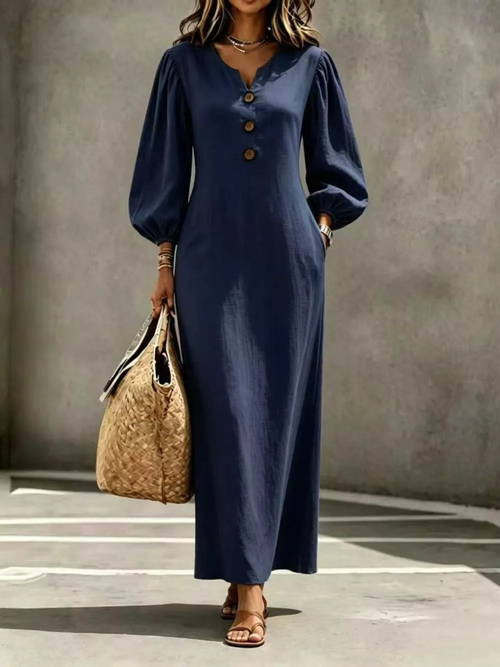 Decorative Button Balloon Sleeve Maxi Dress - Scarlet