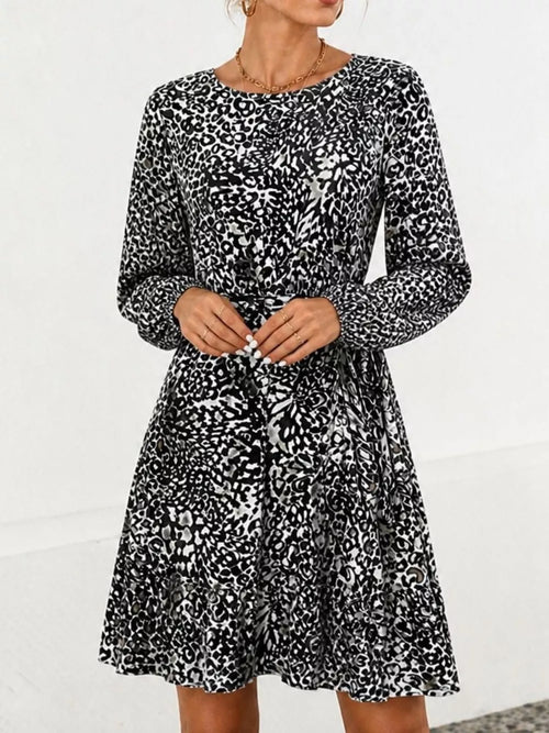 Animal Print Round Neck Mini Dress - Black