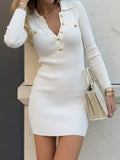 Button Detail Ribbed Knit Polo Sweater Dress - White