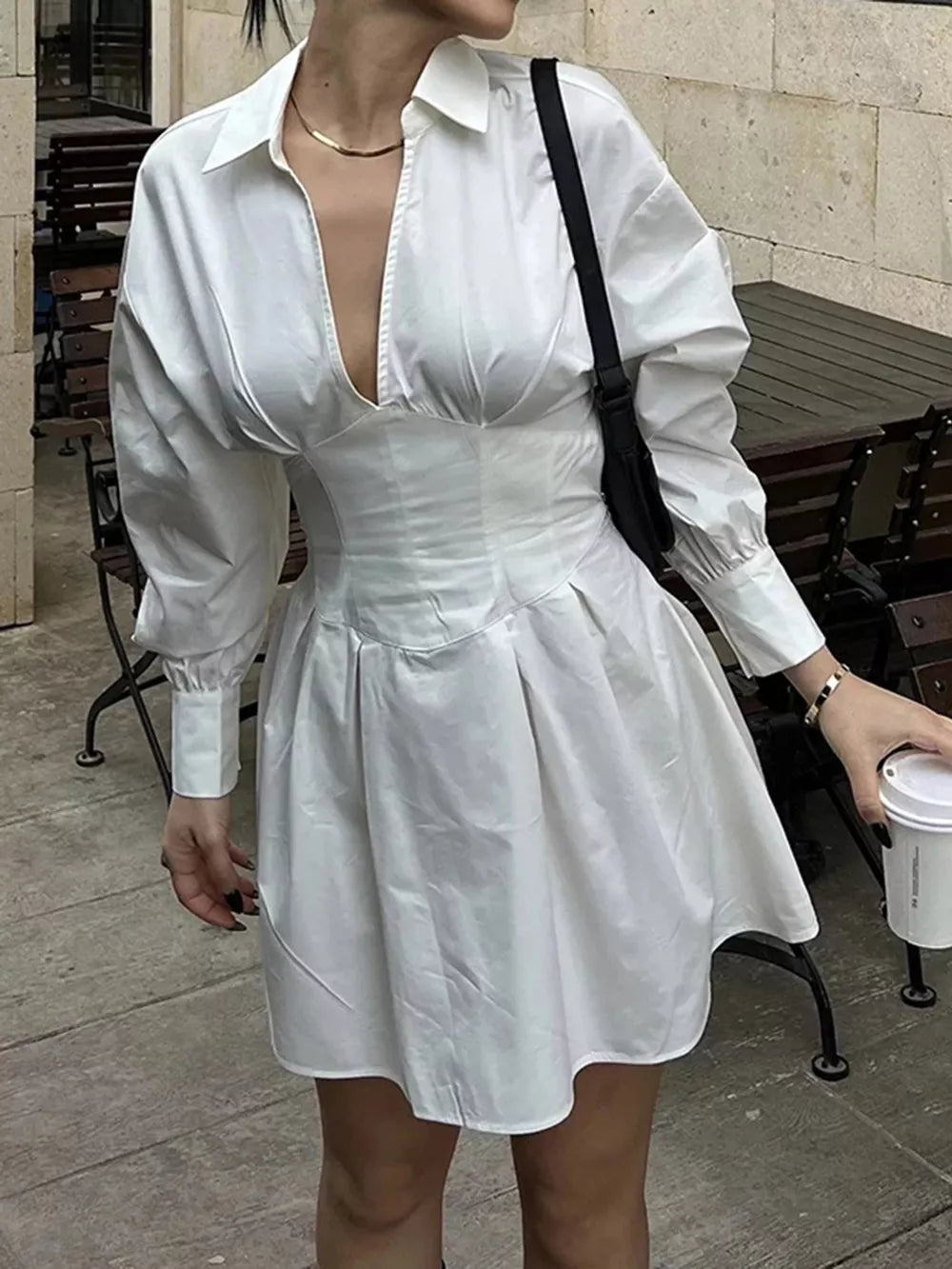Collared Neck Lantern Sleeve Mini Dress - White