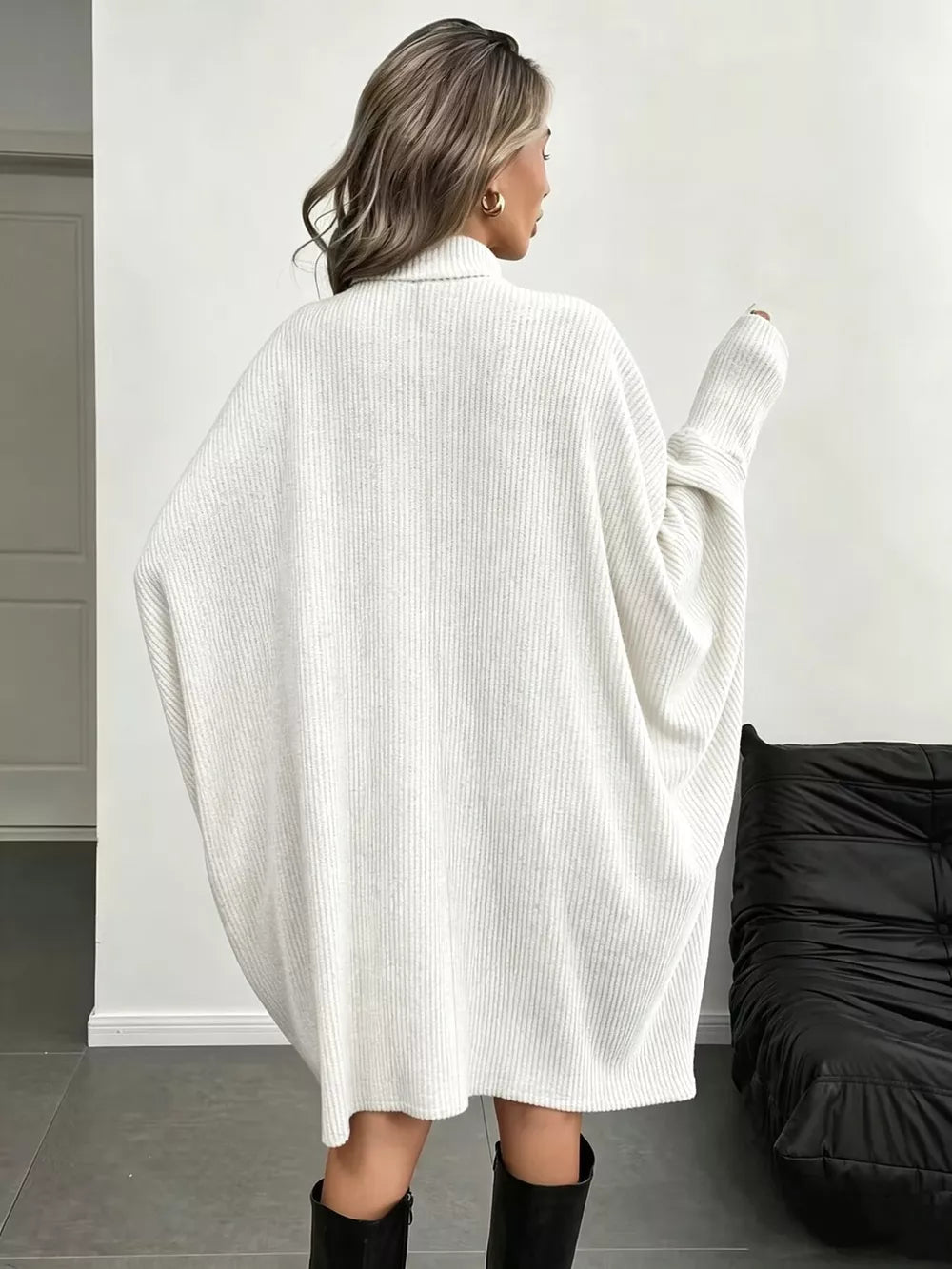 Oversized Batwing Sleeve Ribbed Knit Turtleneck Dress - Yellow