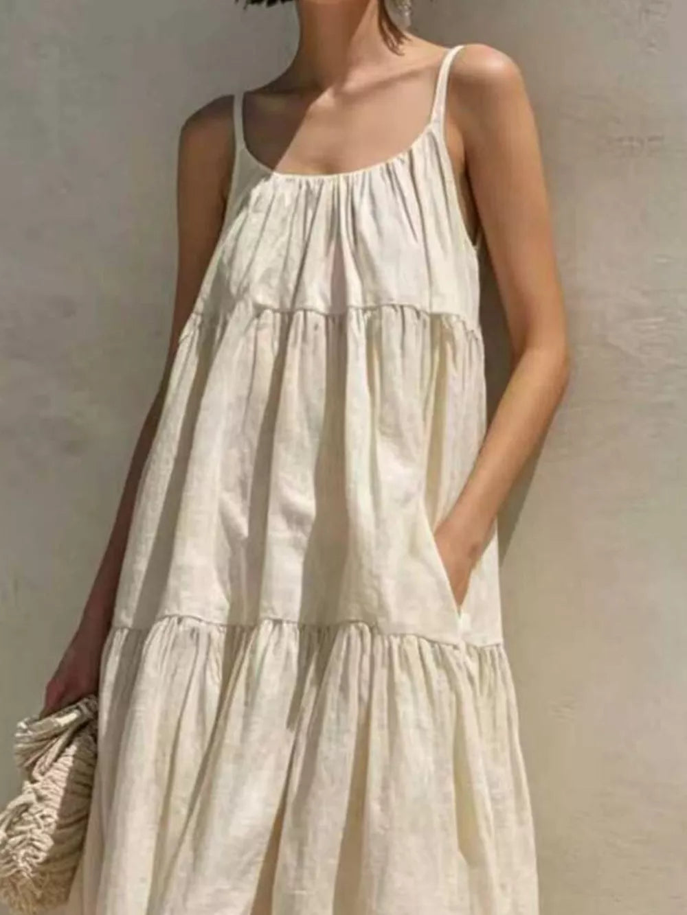 Tiered Scoop Neck Maxi Dress - Beige