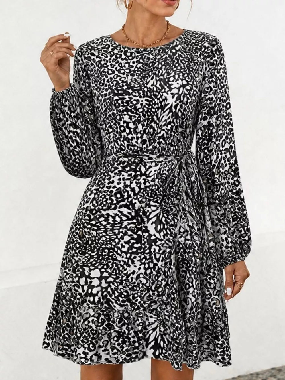 Animal Print Round Neck Mini Dress - Black
