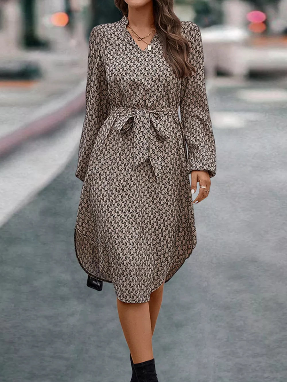 V-Neck Long Sleeve Printed Dress - Coffee Brown