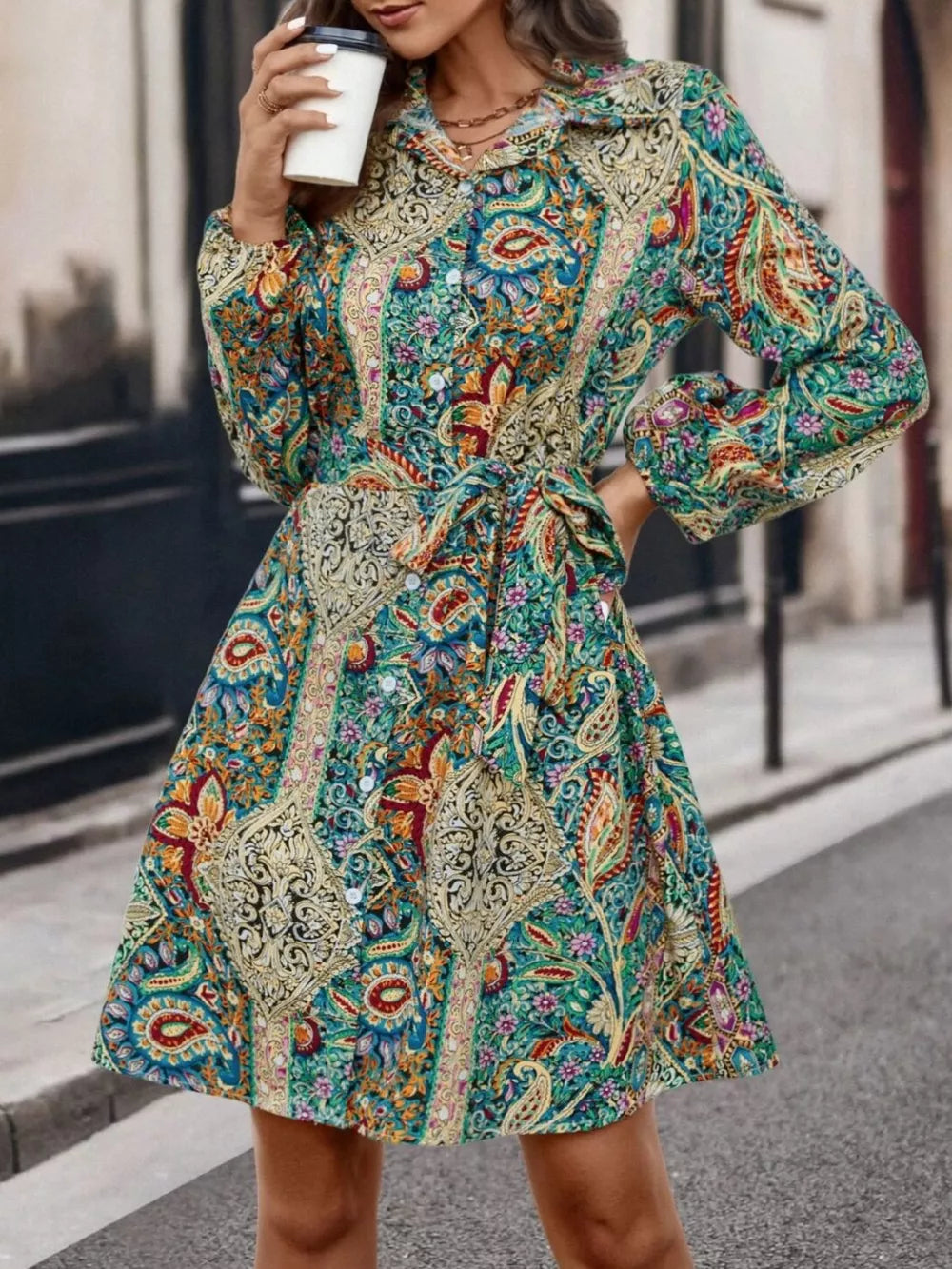 Paisley Print Button-Down Shirt Dress - Green