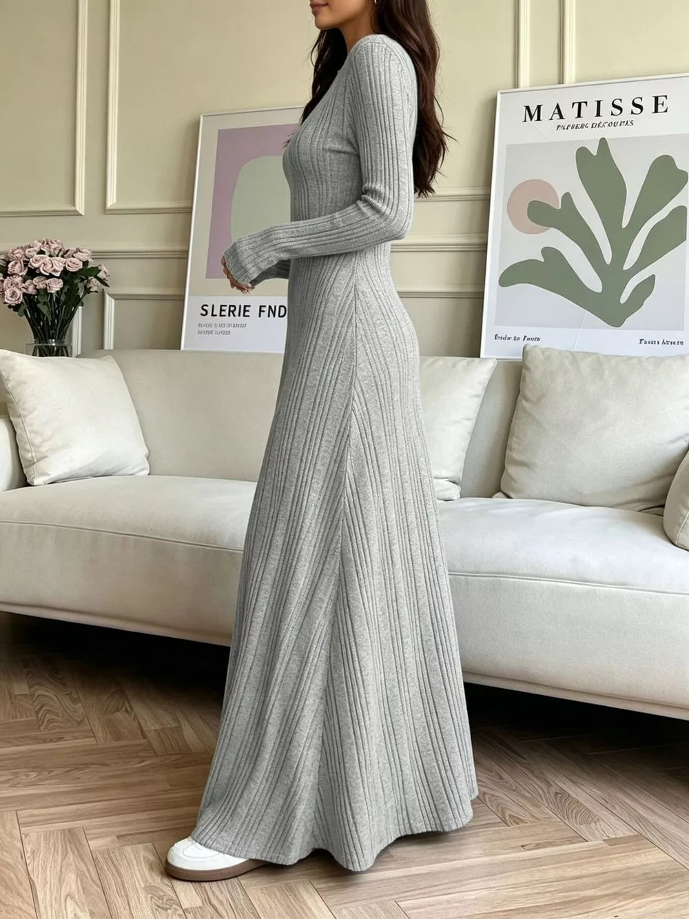 Long Sleeve Ribbed Knit Dress - Gray