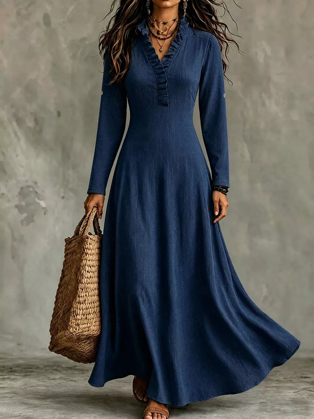 Full Size V-Neck Maxi Dress with Roll-Up Sleeves Plus Size - Green