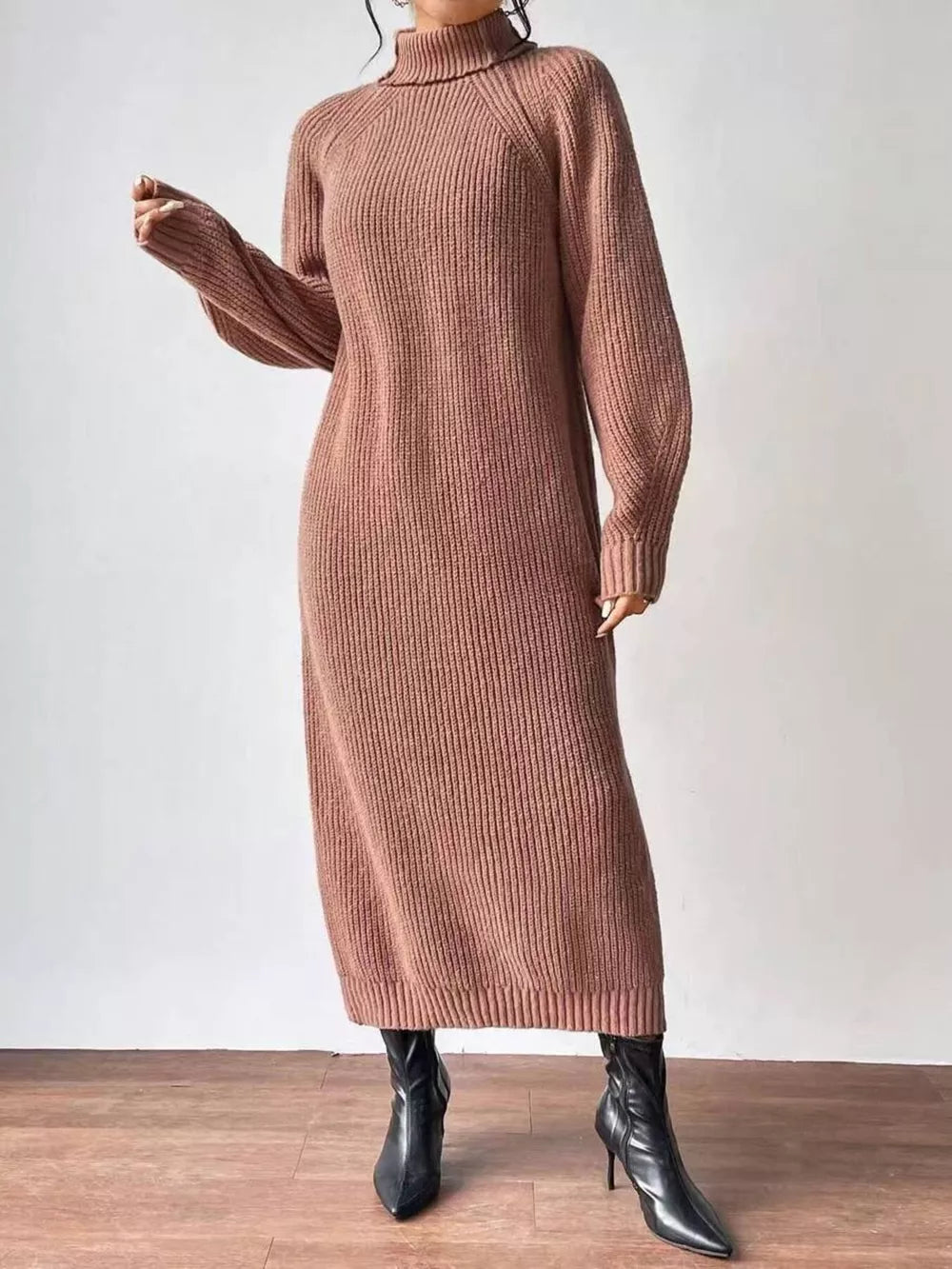 Turtleneck Ribbed Knit Midi Sweater Dress - Apricot