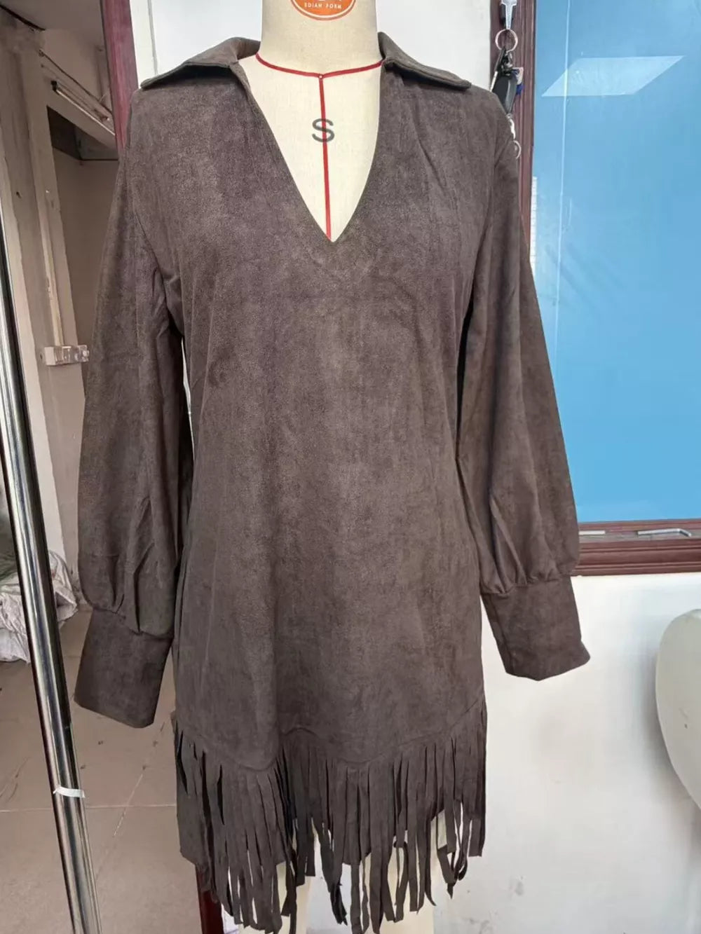 Fringed Lantern Sleeve Dress - Coffee Brown