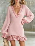 Leopard Print Ruffled Trim Knit Dress - Dusty Pink