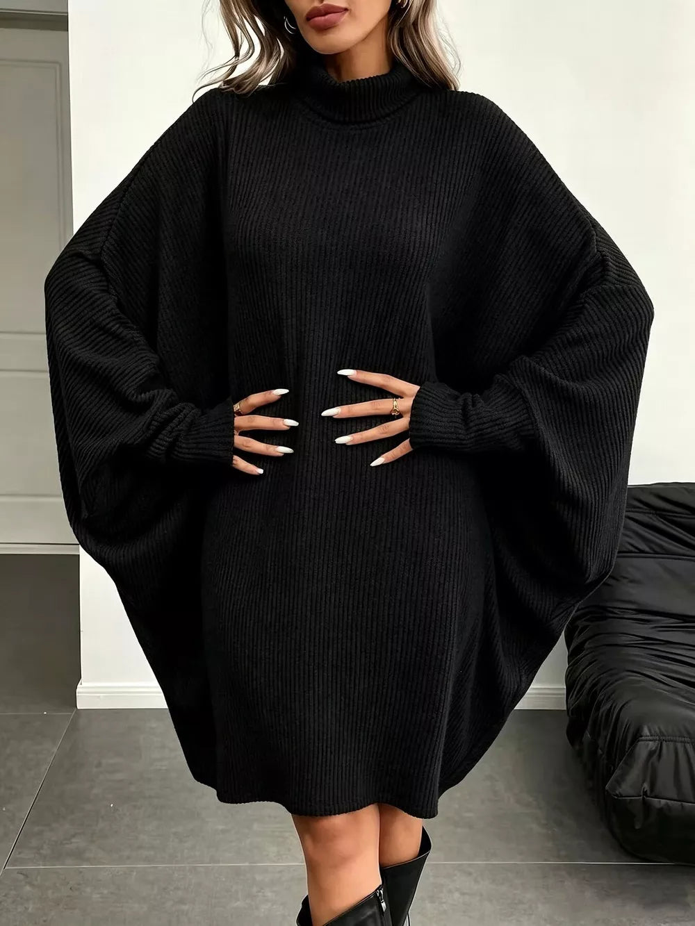 Oversized Batwing Sleeve Ribbed Knit Turtleneck Dress - Black