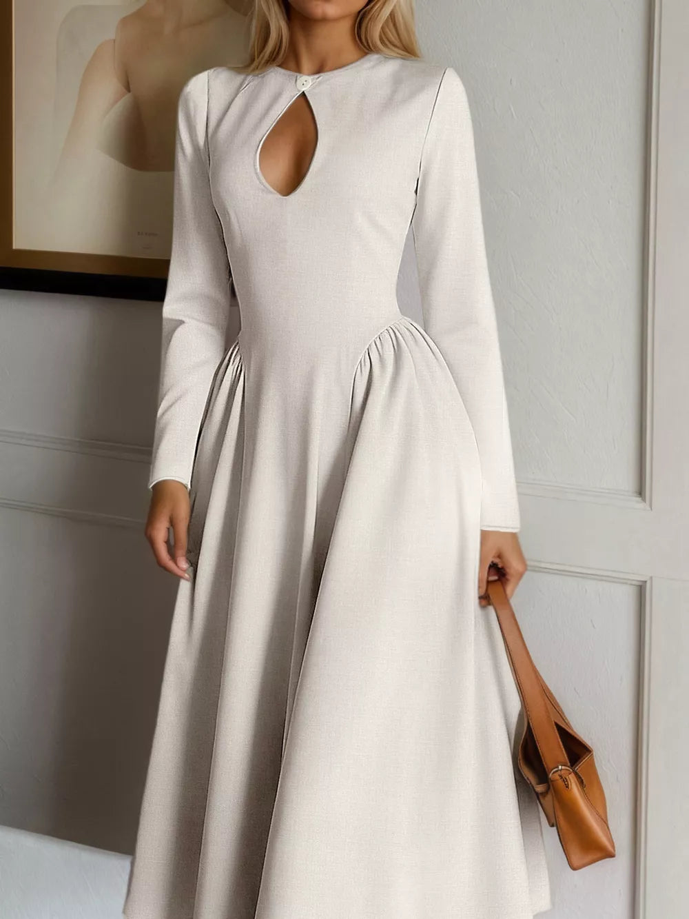 Keyhole Long-Sleeve Midi Dress - Apricot