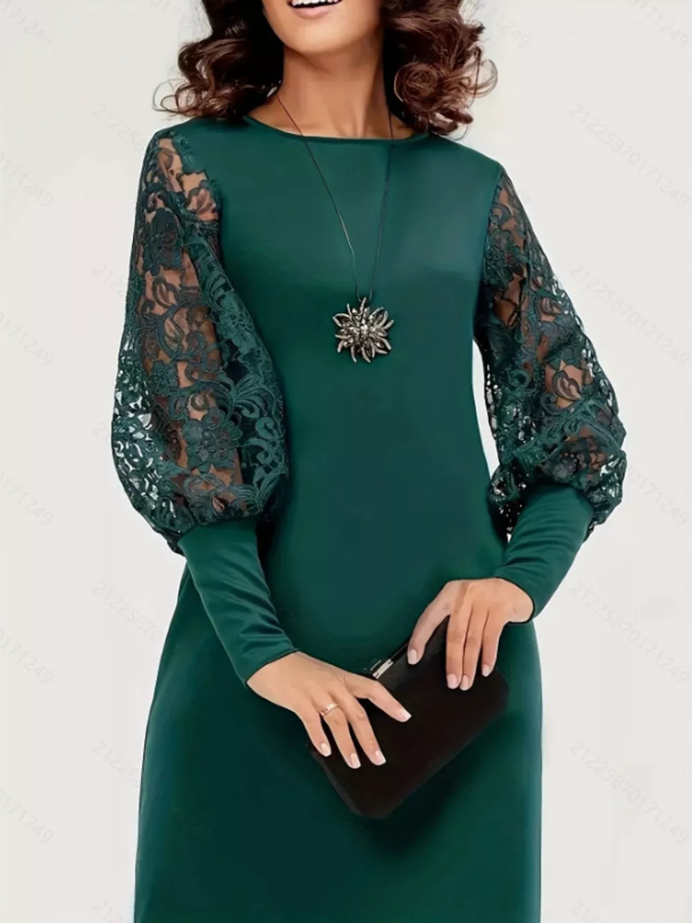 Lace Lantern Sleeve Dress - Black