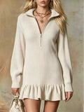 Ruffle Hem Half Zip Dress - Beige