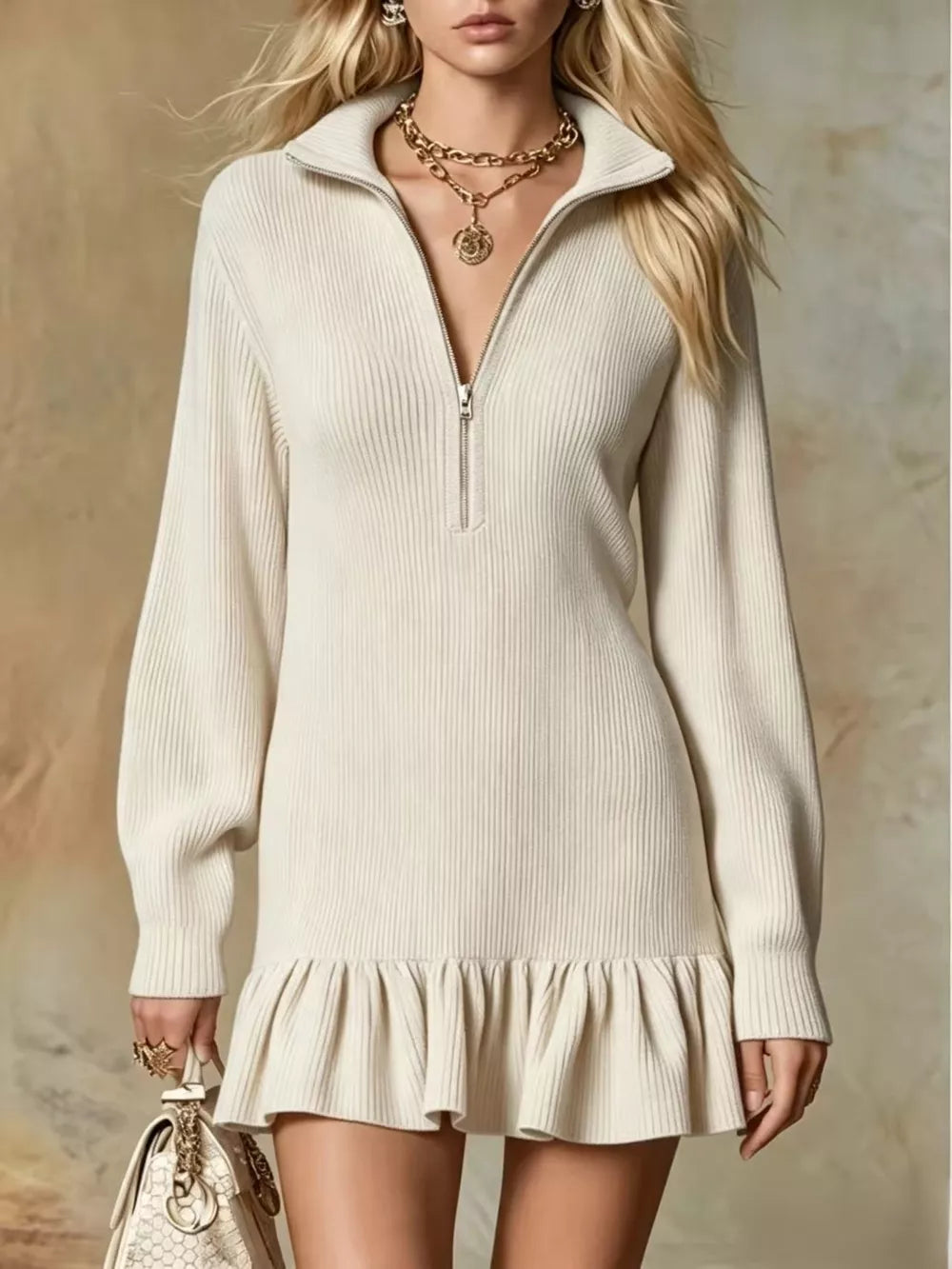 Ruffle Hem Half Zip Dress - Beige