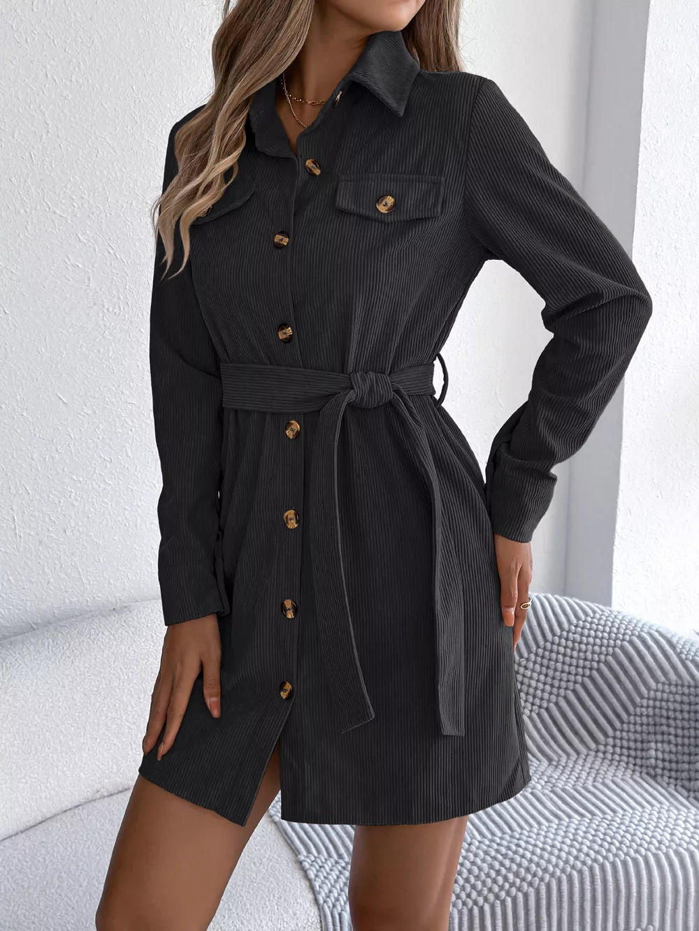 Corduroy Button-Down Shirt Dress - Burgundy