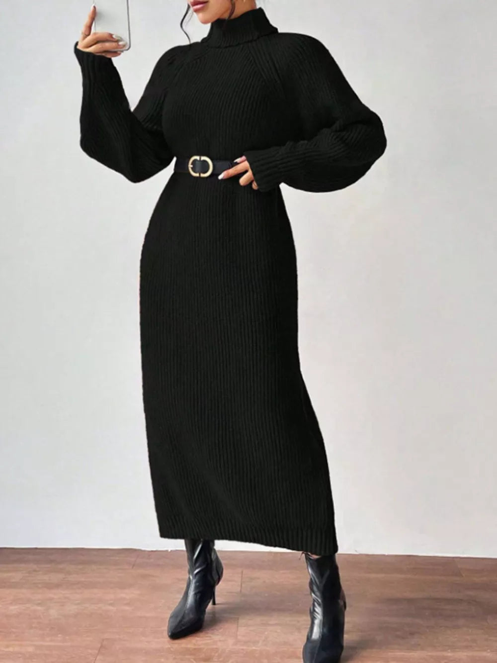 Turtleneck Ribbed Knit Midi Sweater Dress - Apricot