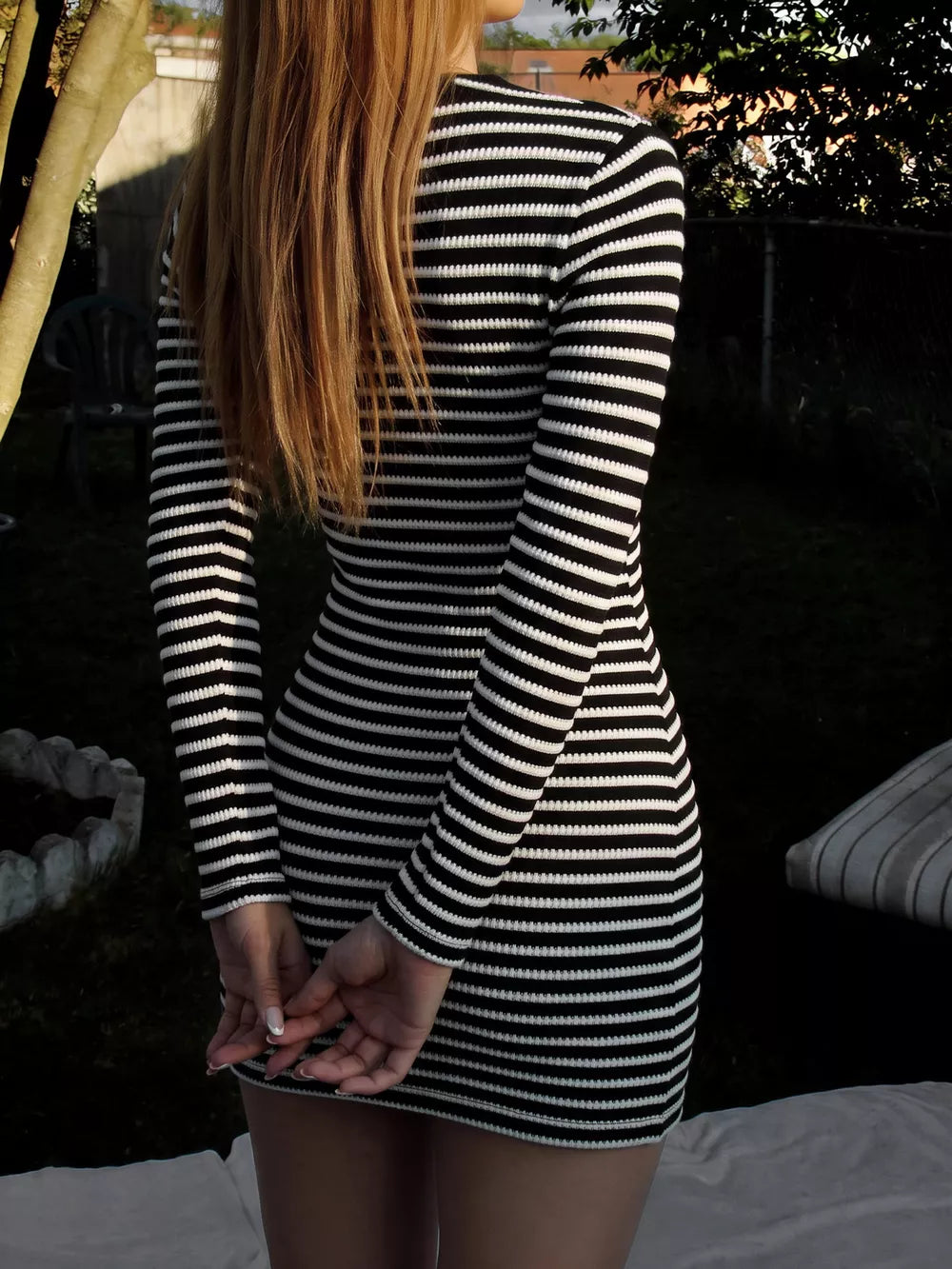 Striped Ribbed Bodycon Mini Dress - Black