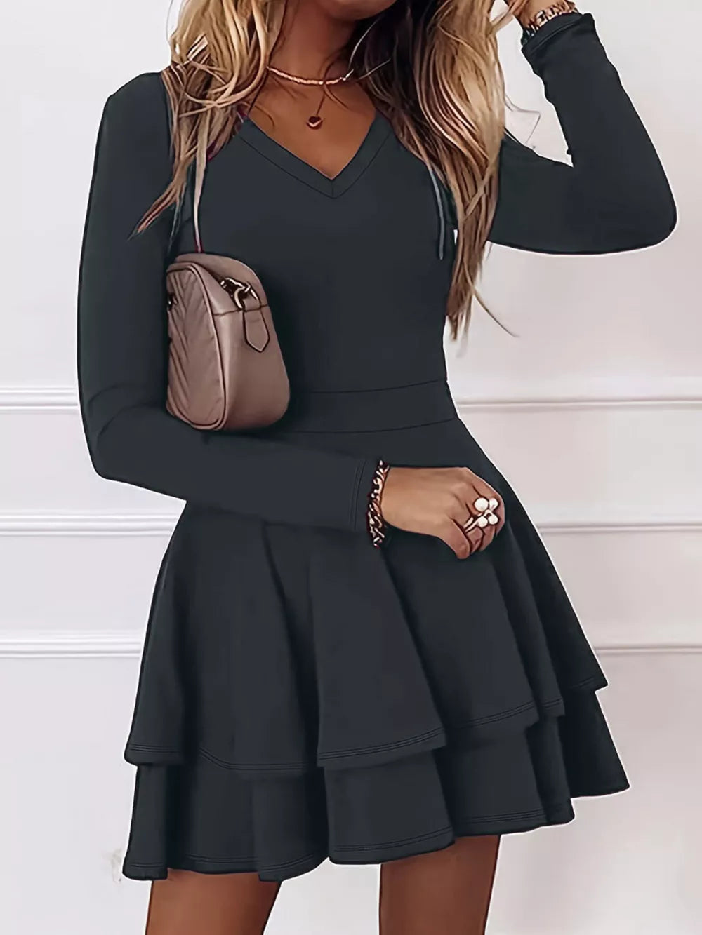 V-Neck Long Sleeve Layered Ruffle Mini Dress - Coffee Brown