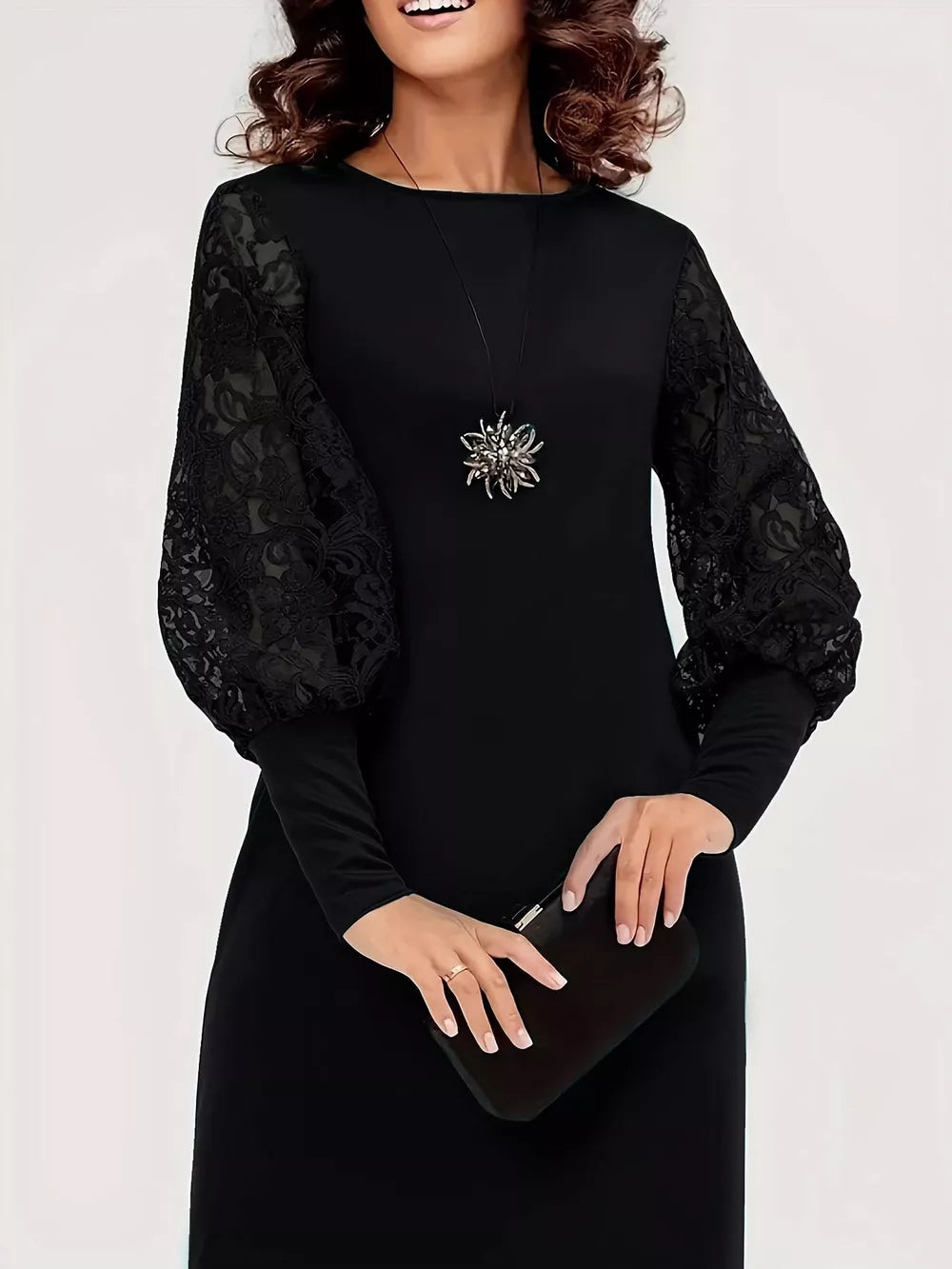 Lace Lantern Sleeve Dress - Black