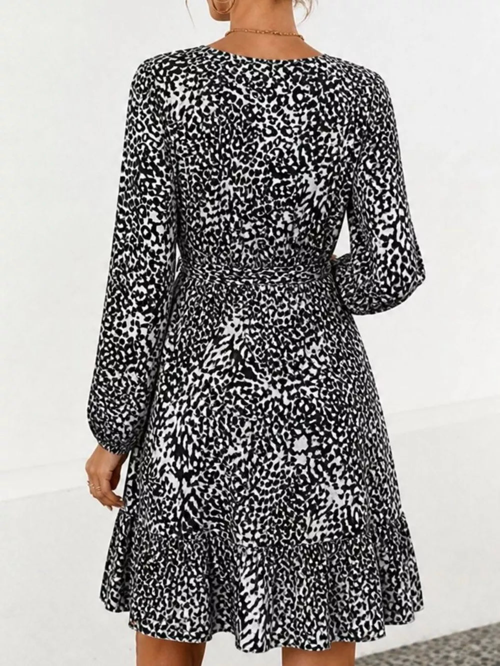 Animal Print Round Neck Mini Dress - Yellow