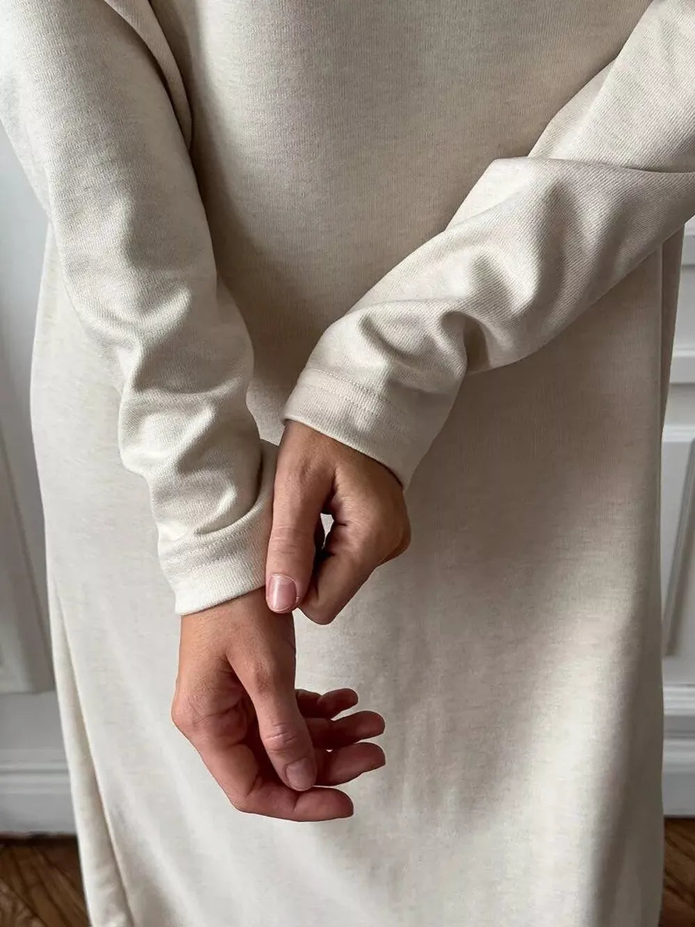 Round Neck Long-Sleeve Midi Dress - Dust Storm