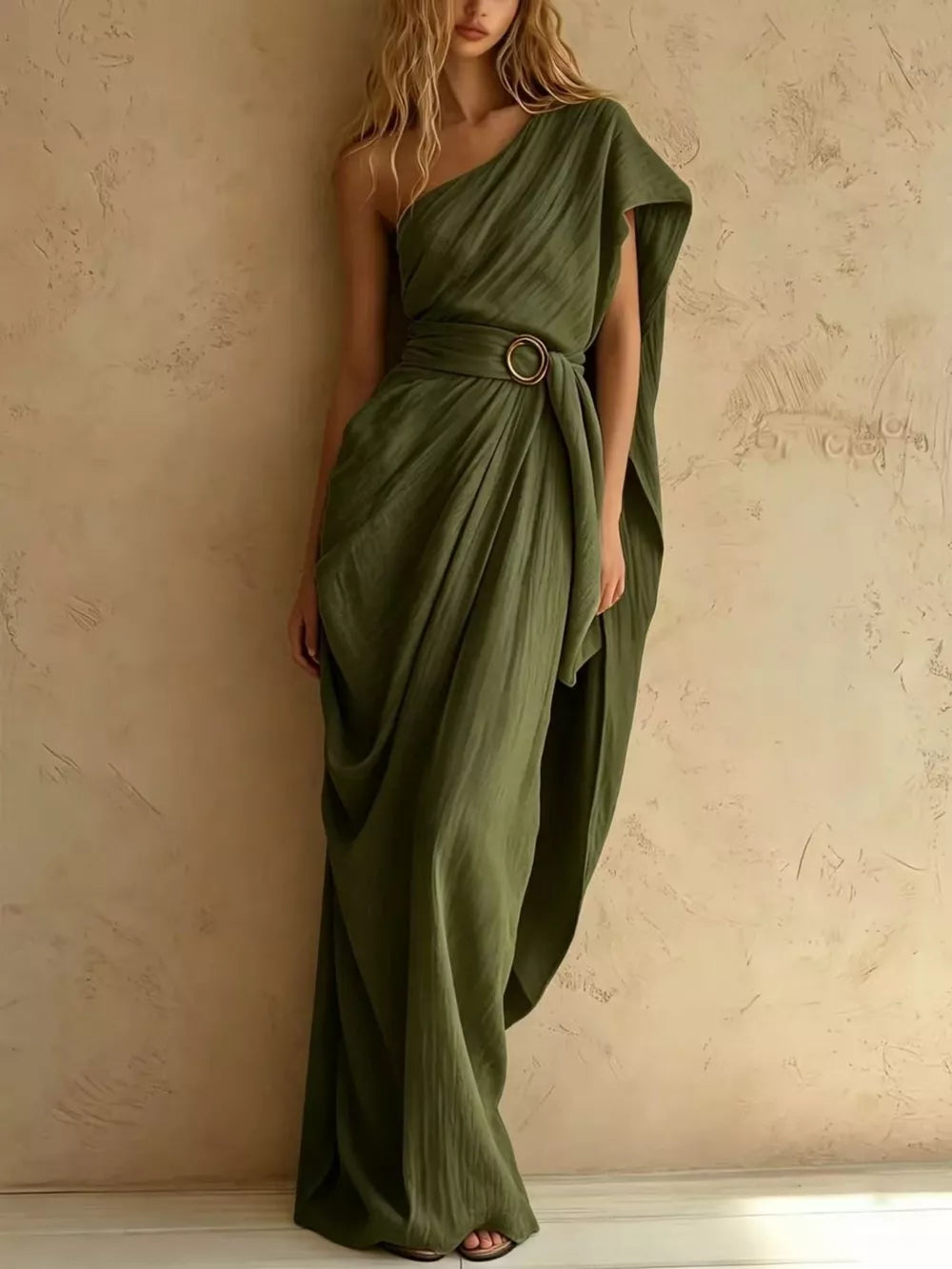 One-Shoulder Draped Maxi Dress with Waist Buckle - Tan