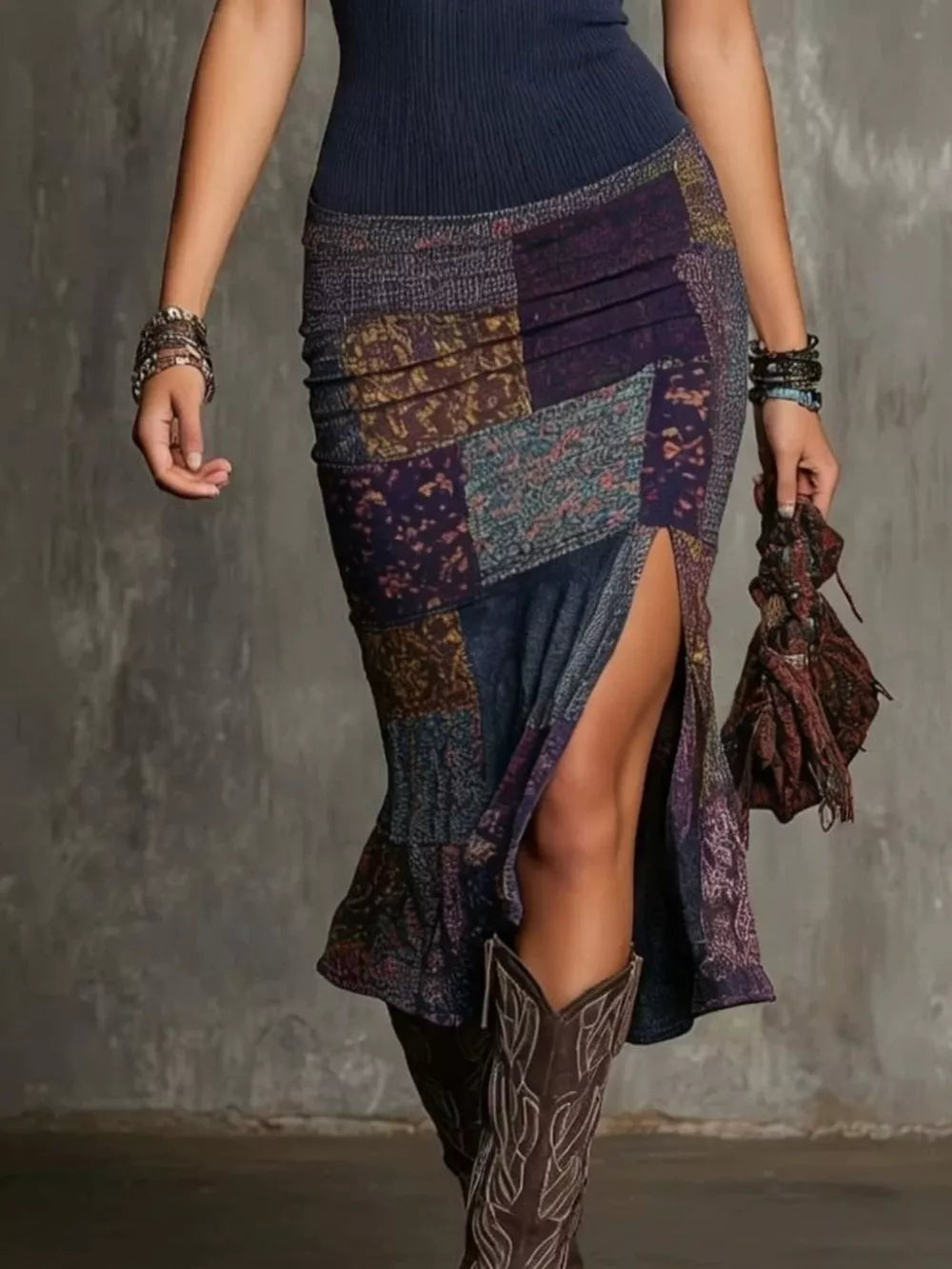 Slit Printed Sleeveless Midi Dress - Dark Navy