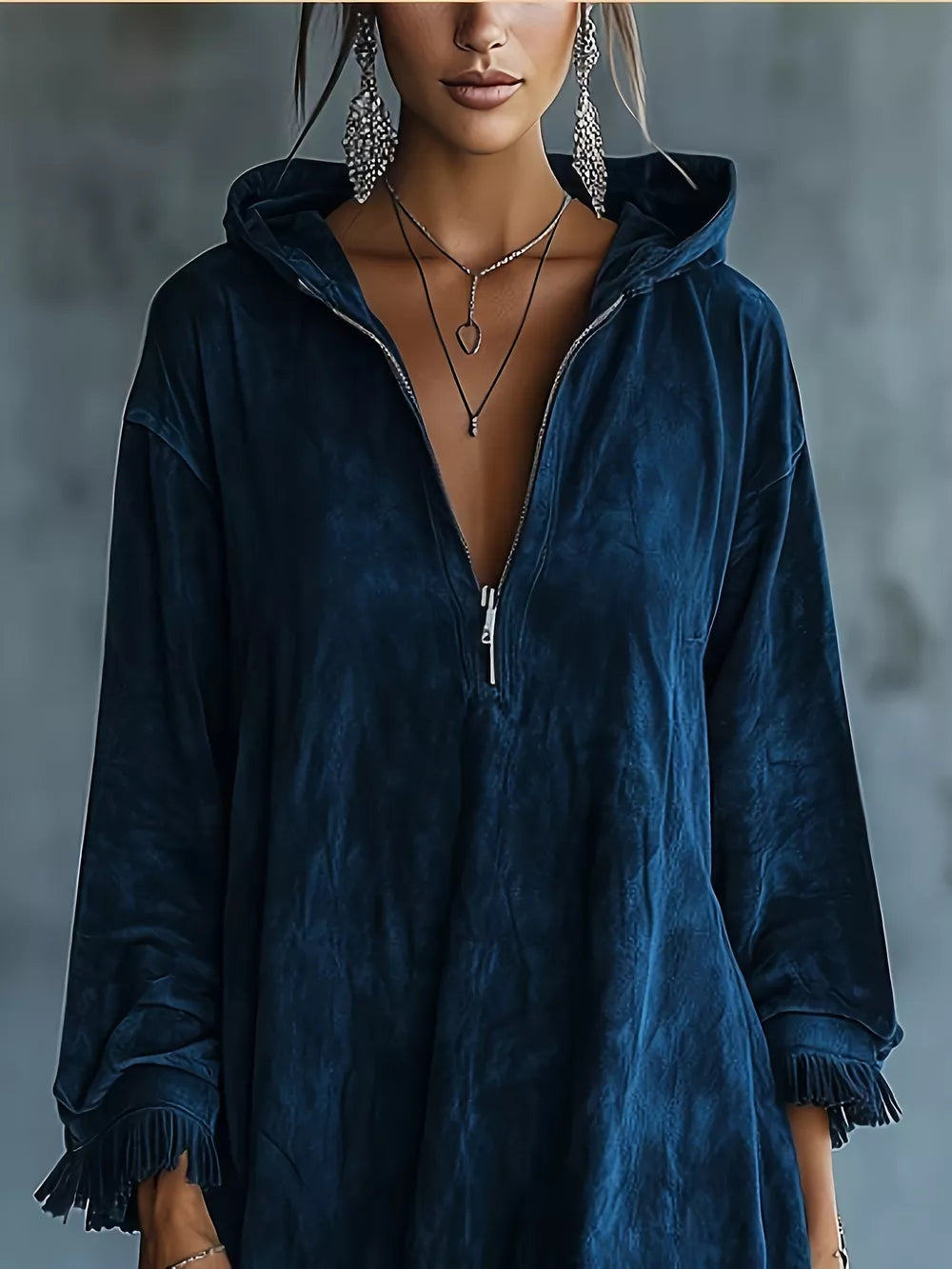 Full Size Hooded Fringed Half Zip Mini Dress Plus Size - Black