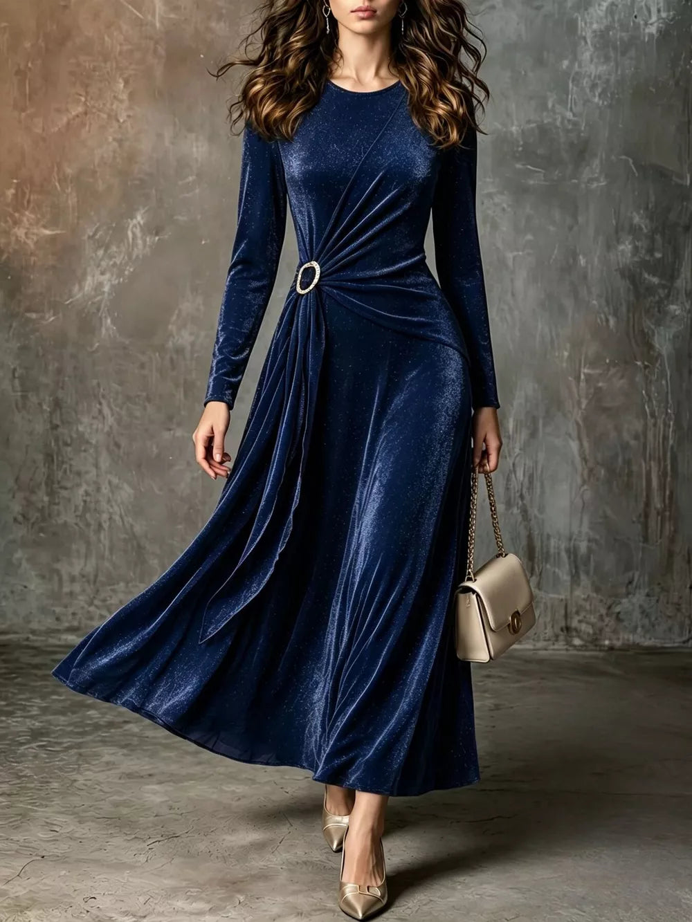 Full Size Velvet Long-Sleeve Maxi Dress with Ring Detail Plus Size - Pink