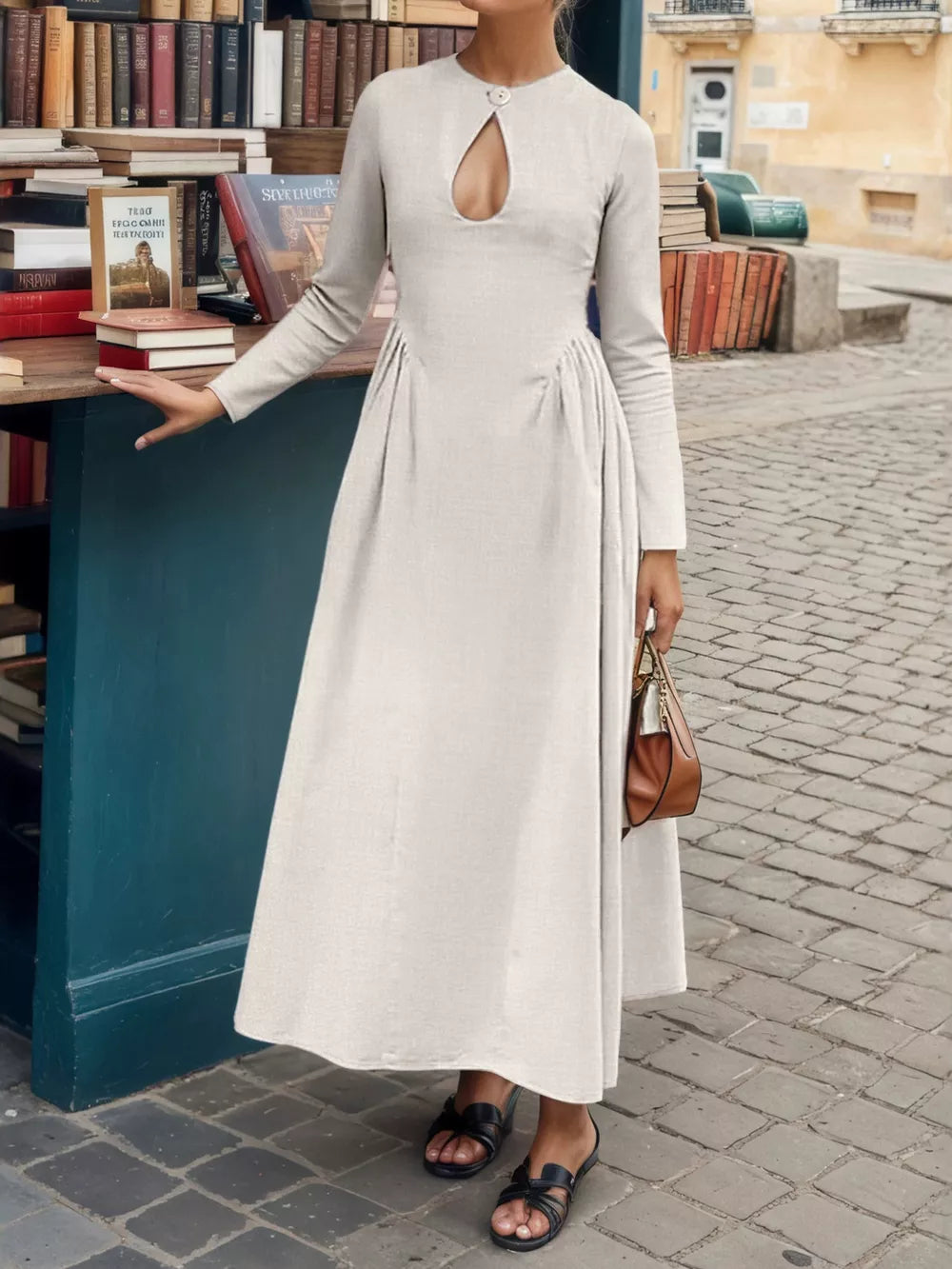 Keyhole Long-Sleeve Midi Dress - Apricot