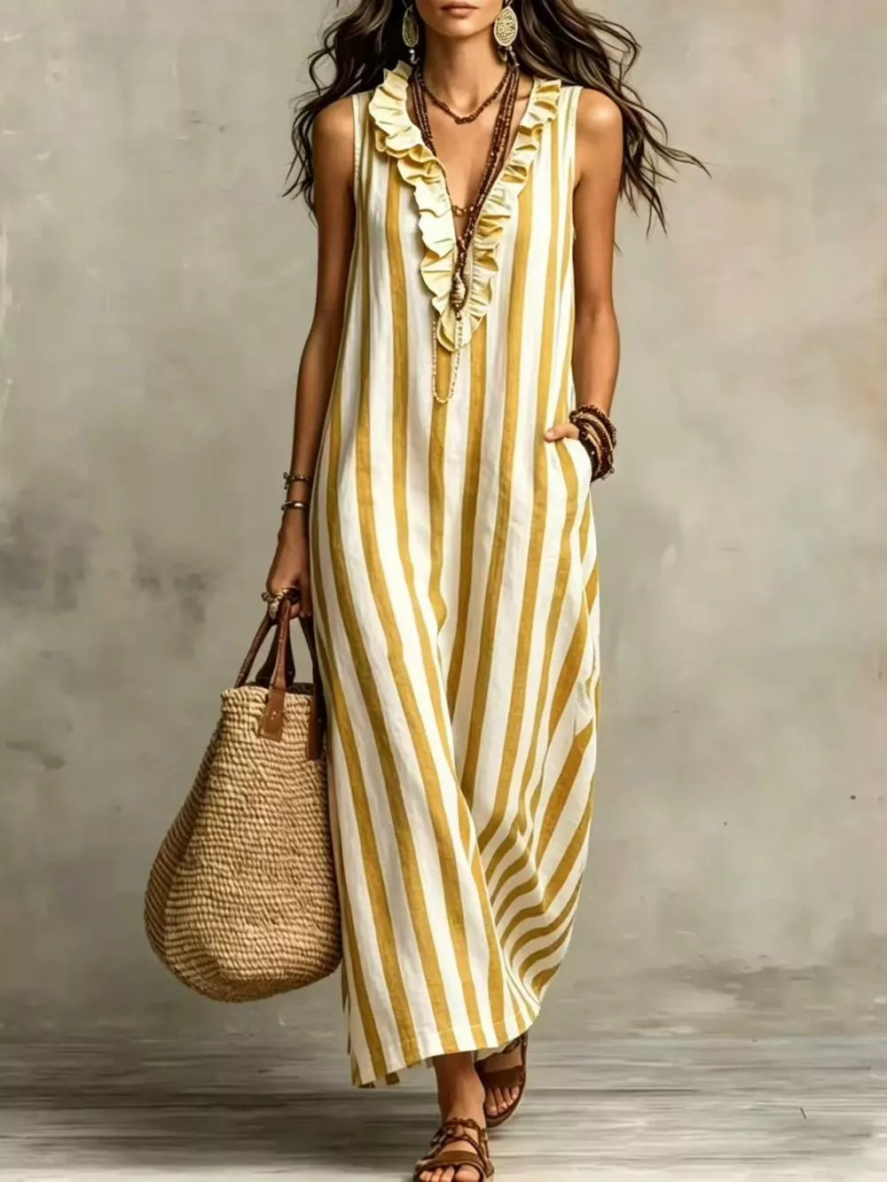 Full Size Sleeveless Striped Ruffle V-Neck Maxi Dress Plus Size - Green