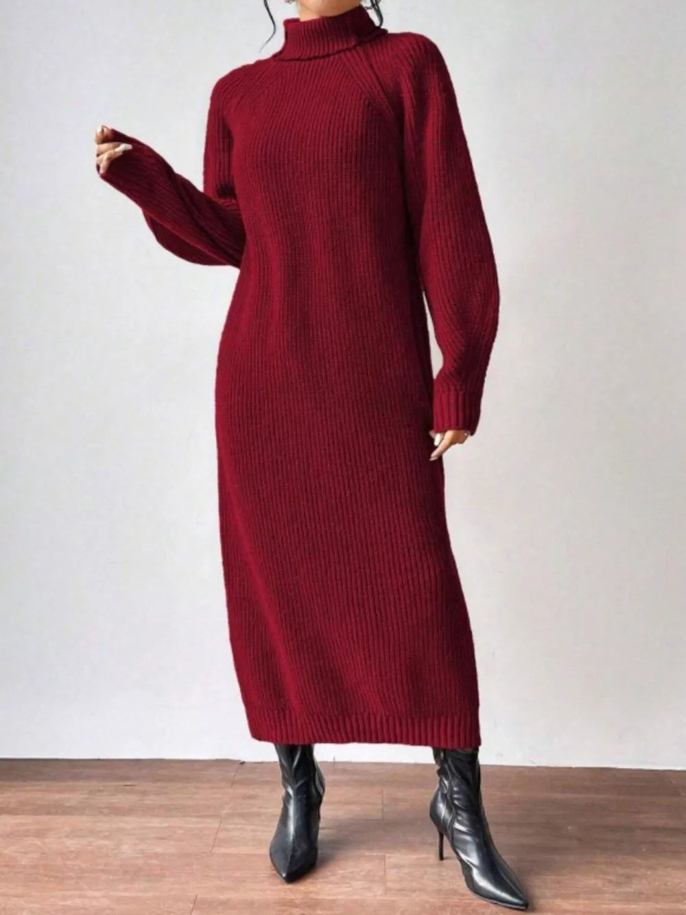 Turtleneck Ribbed Knit Midi Sweater Dress - Black