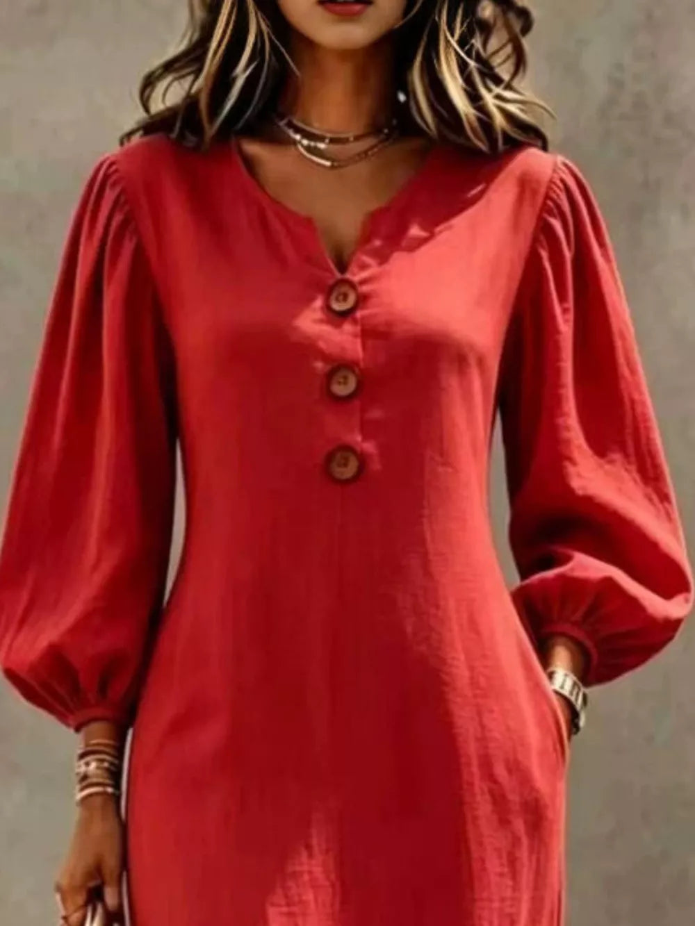 Decorative Button Balloon Sleeve Maxi Dress - Mustard