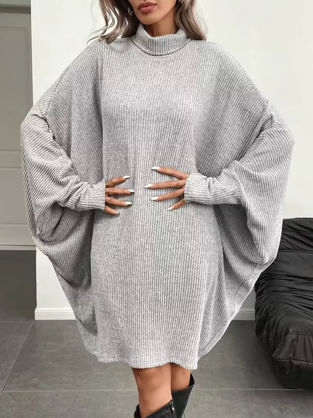Oversized Batwing Sleeve Ribbed Knit Turtleneck Dress - Gray