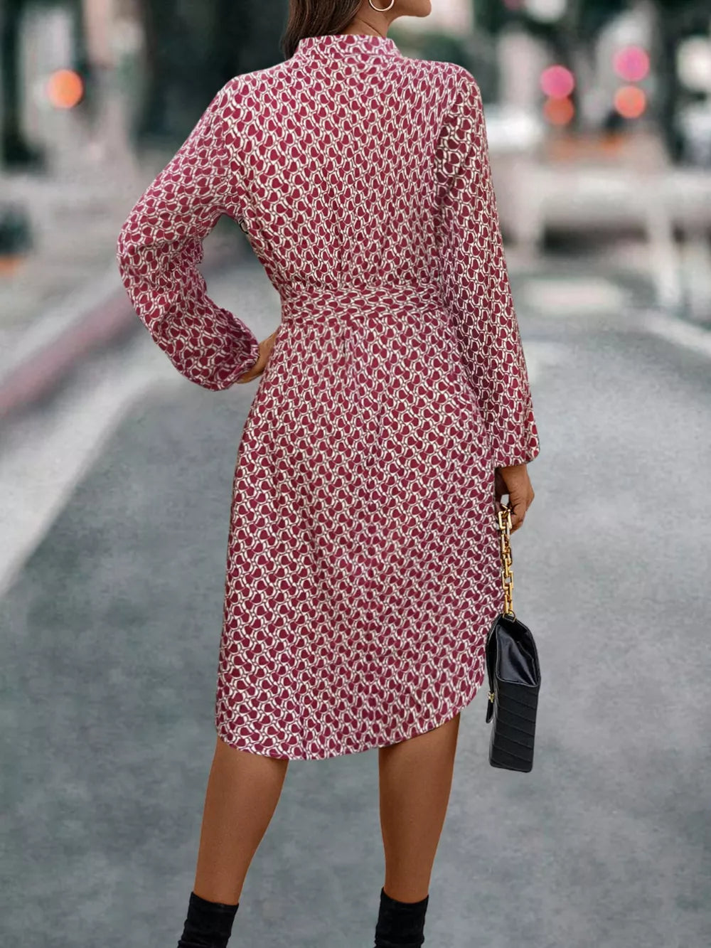 V-Neck Long Sleeve Printed Dress - Cerise