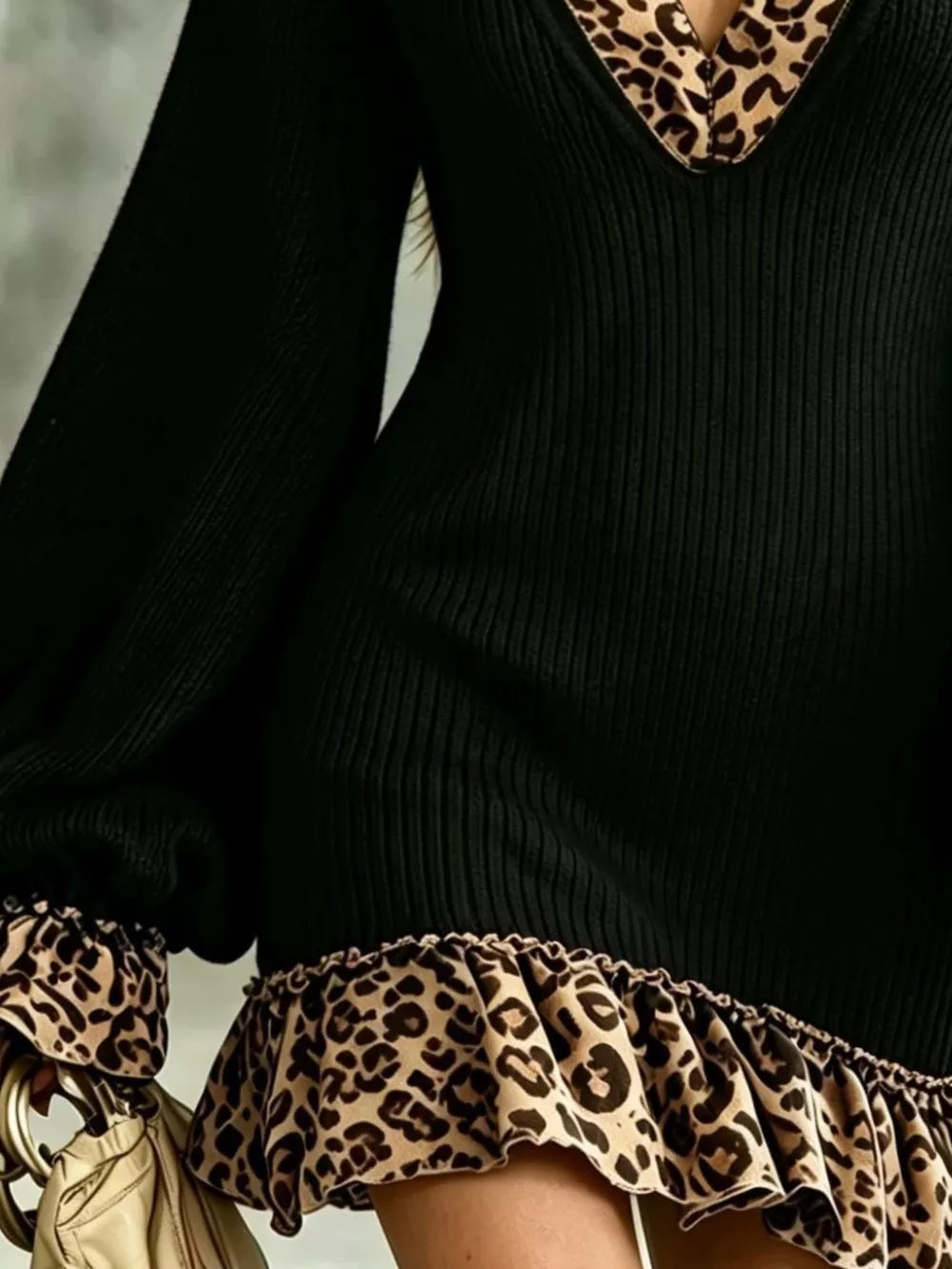 Leopard Print Ruffled Trim Knit Dress - Black