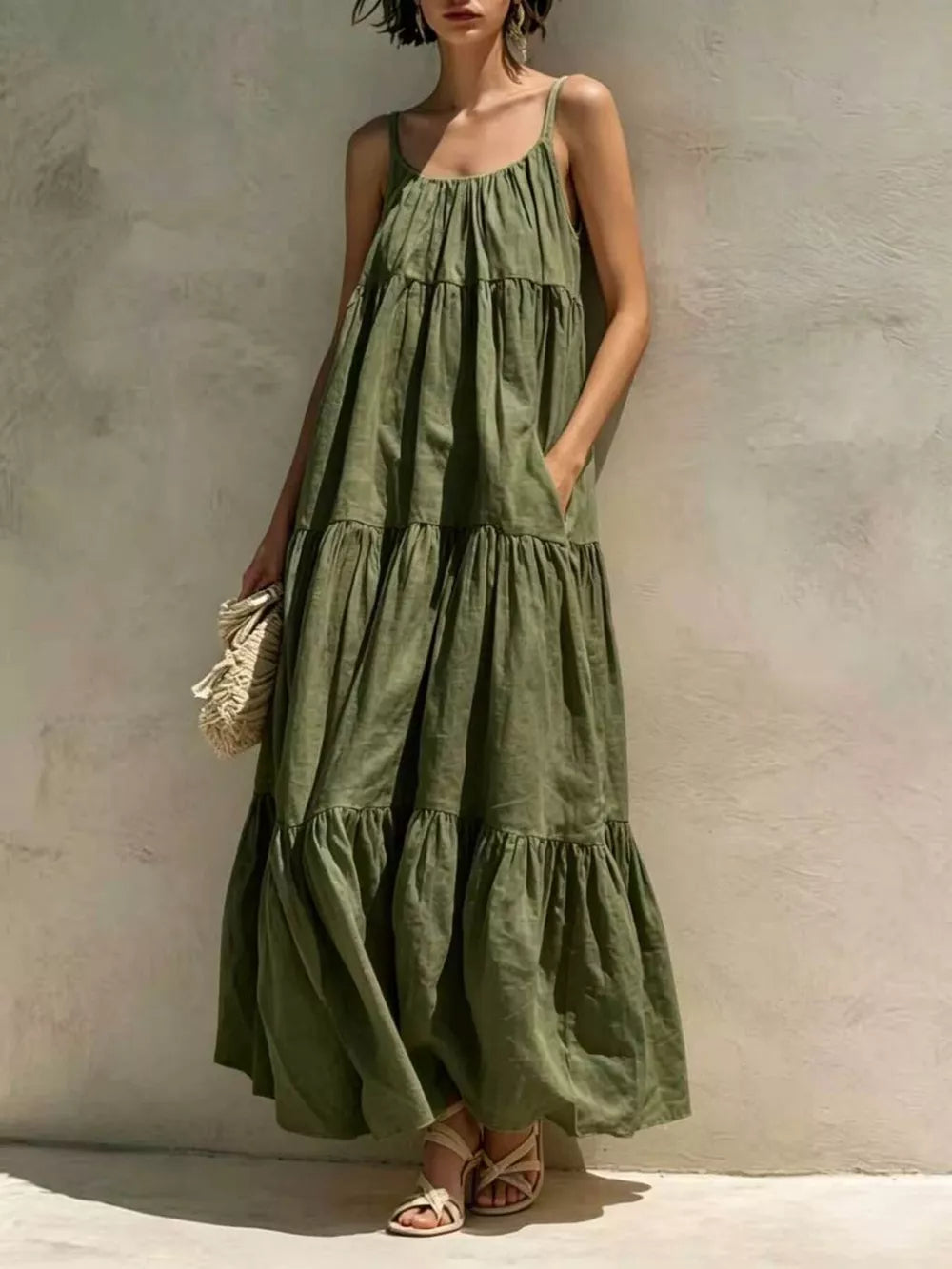 Tiered Scoop Neck Maxi Dress - Light Blue