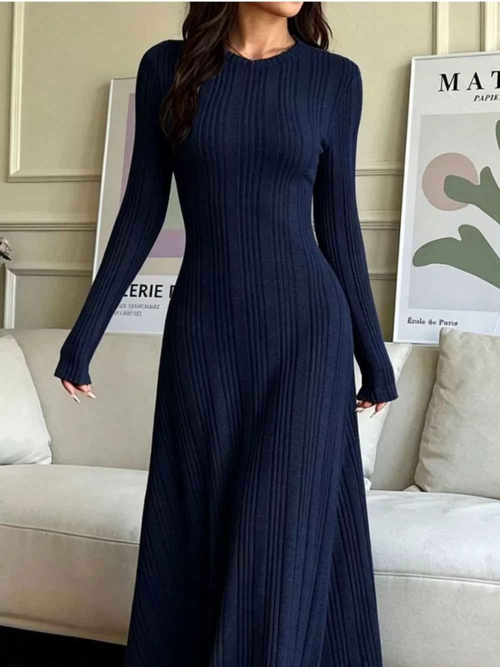 Long Sleeve Ribbed Knit Dress - White
