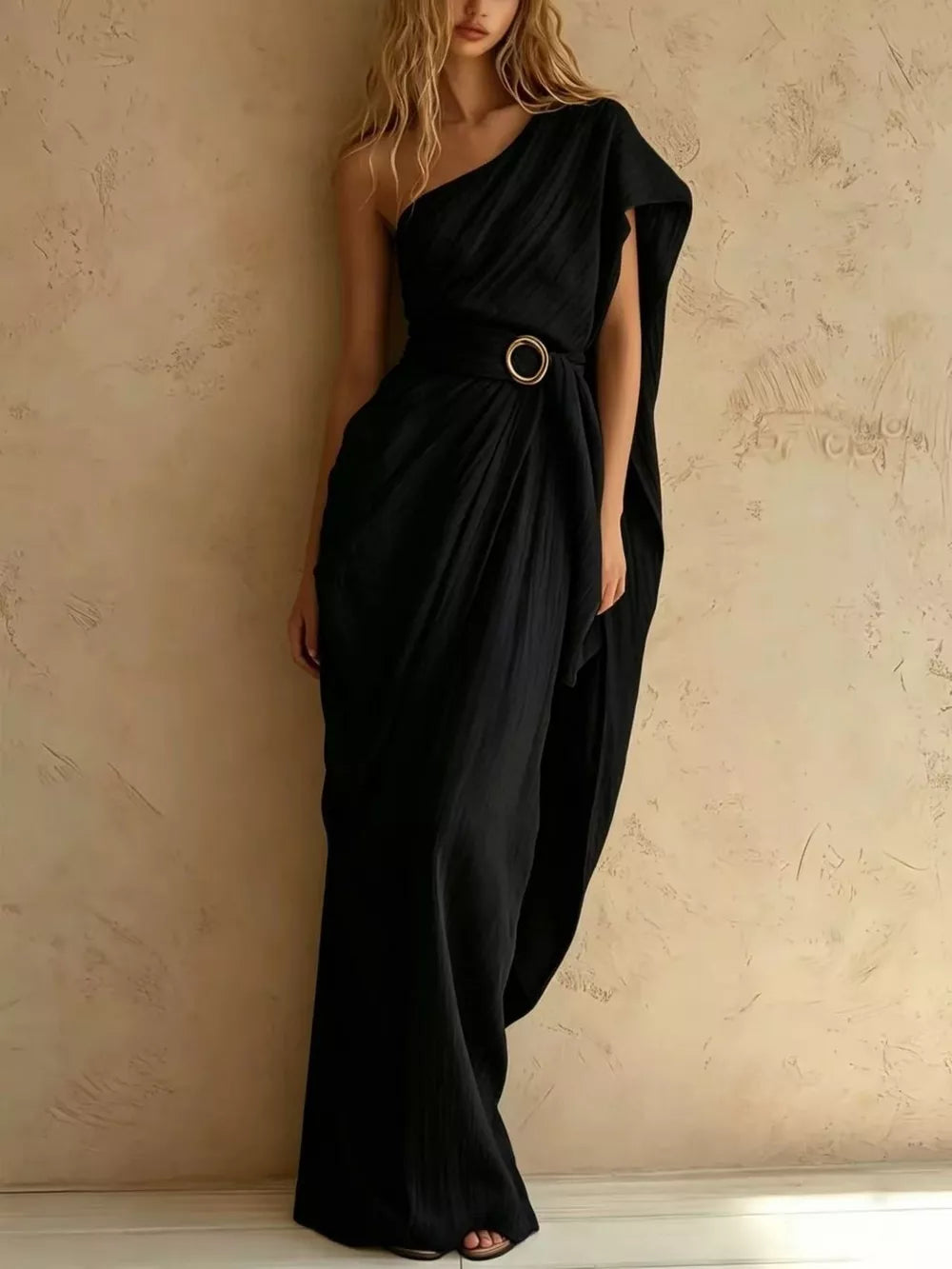 One-Shoulder Draped Maxi Dress with Waist Buckle - Army Green